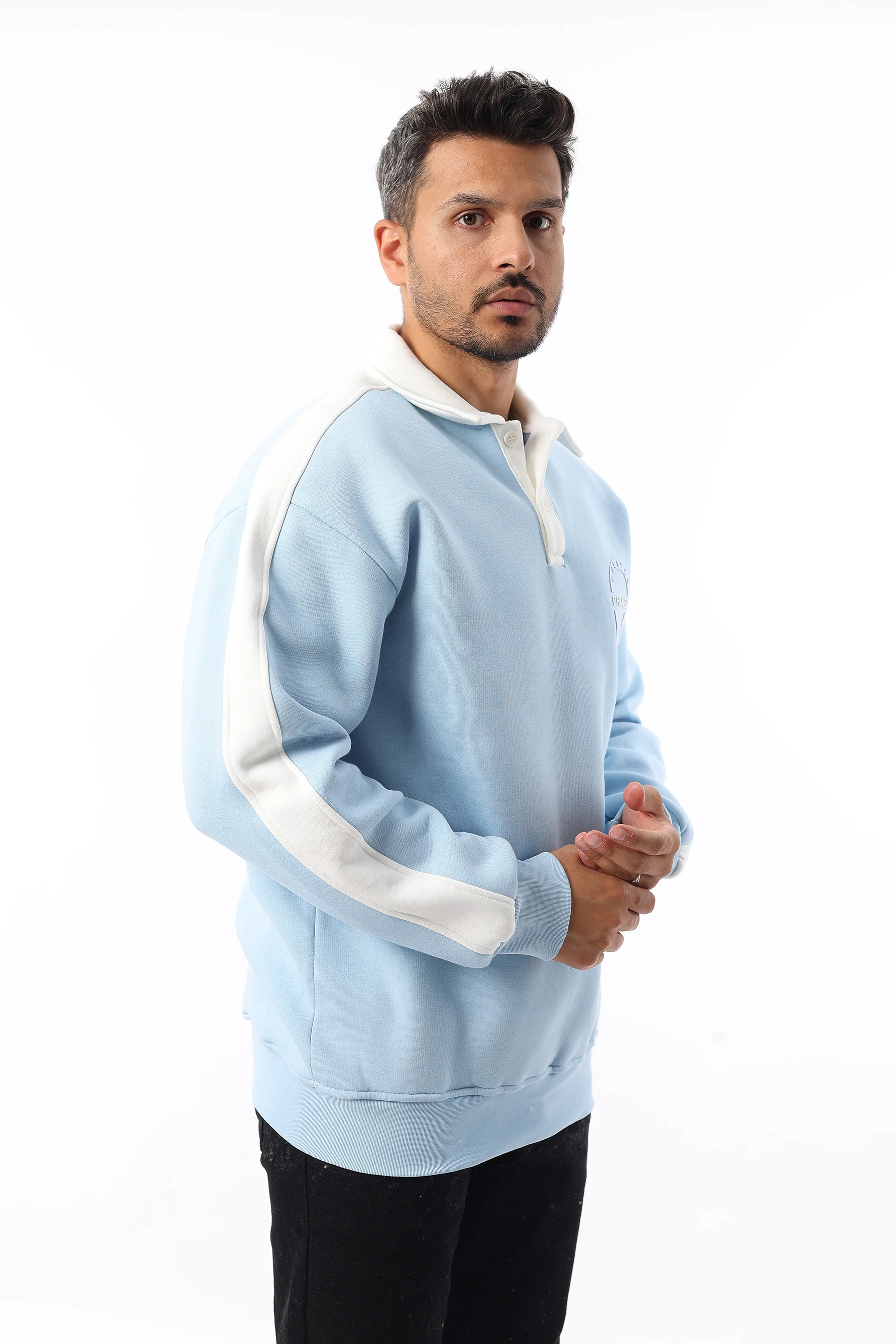 Erkek Yarım Oversize Pamuklu Yumuşak İçi Polarlı Kapşonlu Polo Yaka Düğmeli Sweatshirt 1097