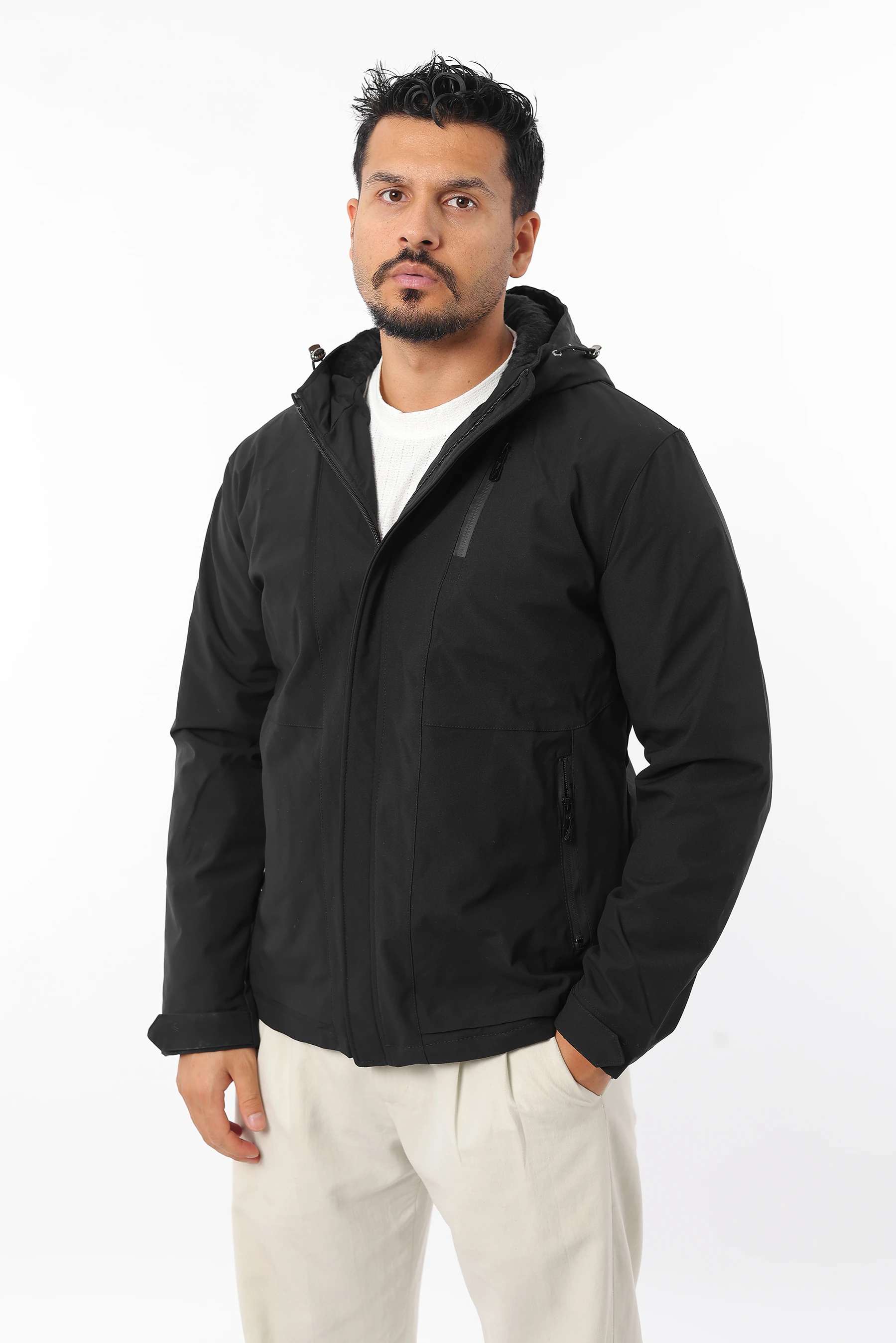 Erkek İçi Kürklü Rüzgar Geçirmez Softjel Kumaş Kapüşonlu Fermuarlı Mont 1625