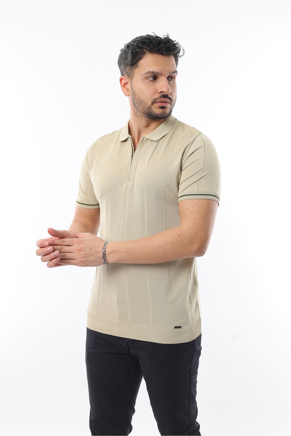 Erkek Slim Fit Dar Kesim Fermuarlı Polo Yaka Triko Tişört