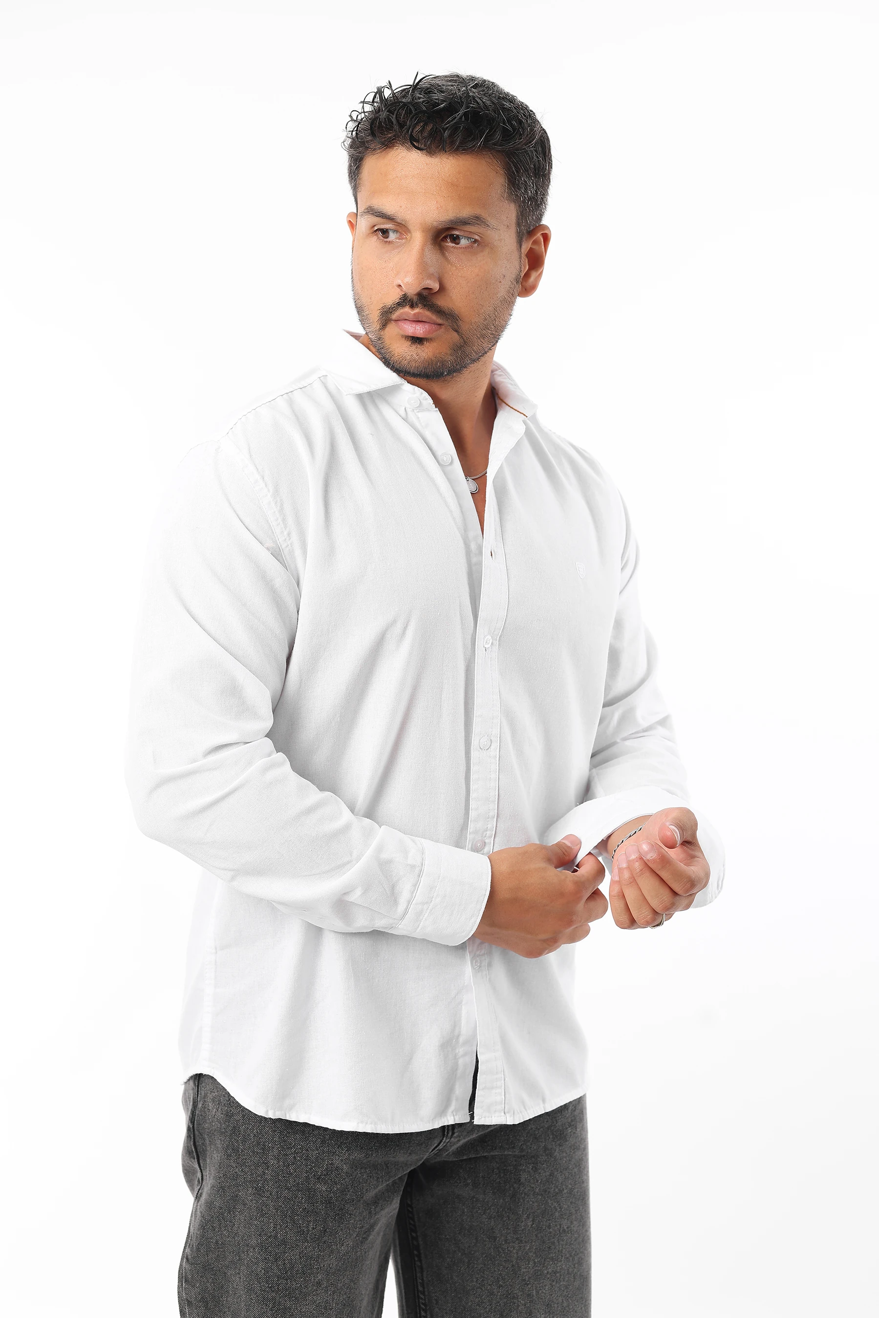 Erkek Keten %100 Pamuk Standart Fit Uzun Kollu Beyaz Gömlek Er25-457