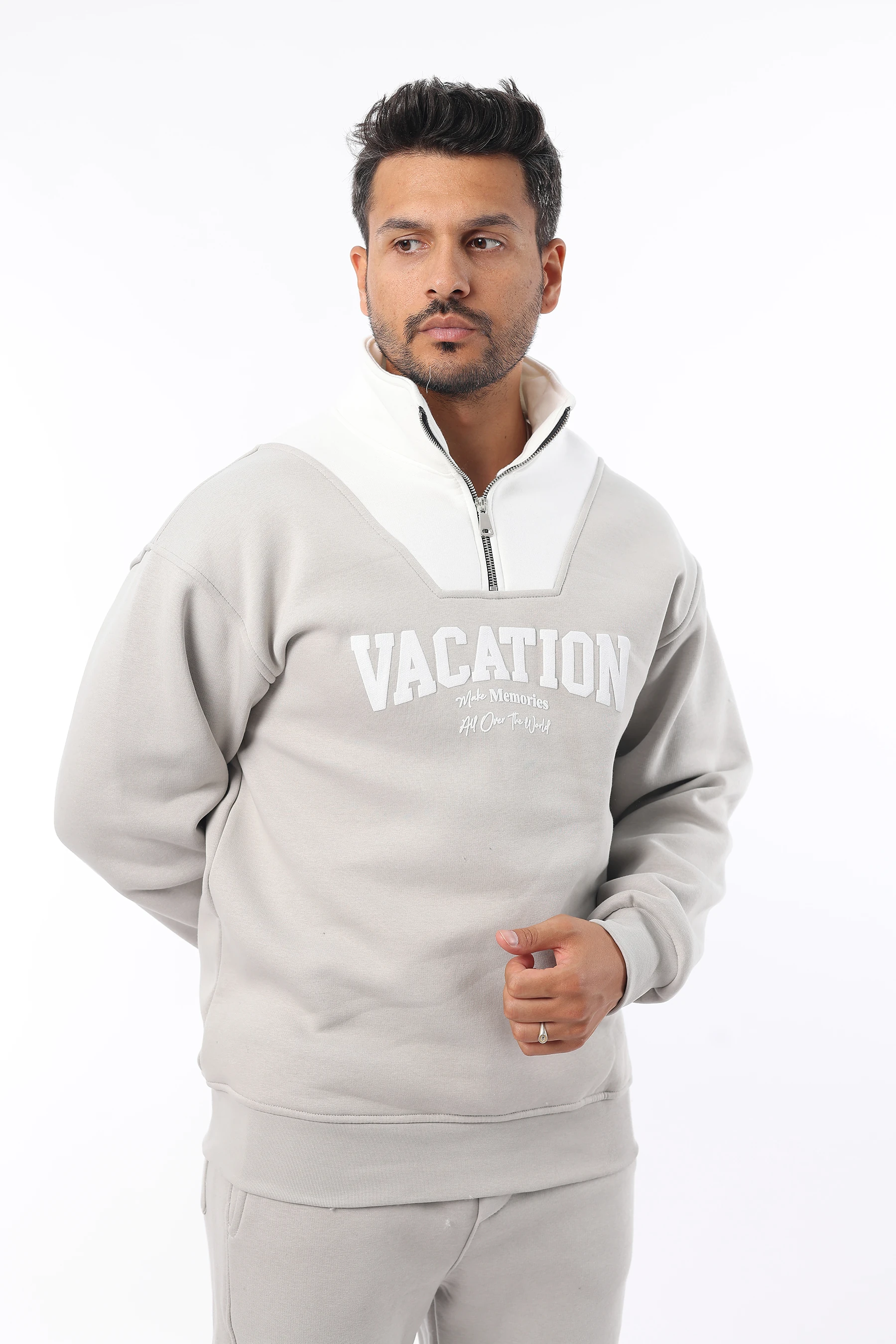 Unisex Yarım Oversize Pamuklu Yumuşak İçi Polarlı Fermuarlı Dik Yaka Baskılı Sweatshirt 1101