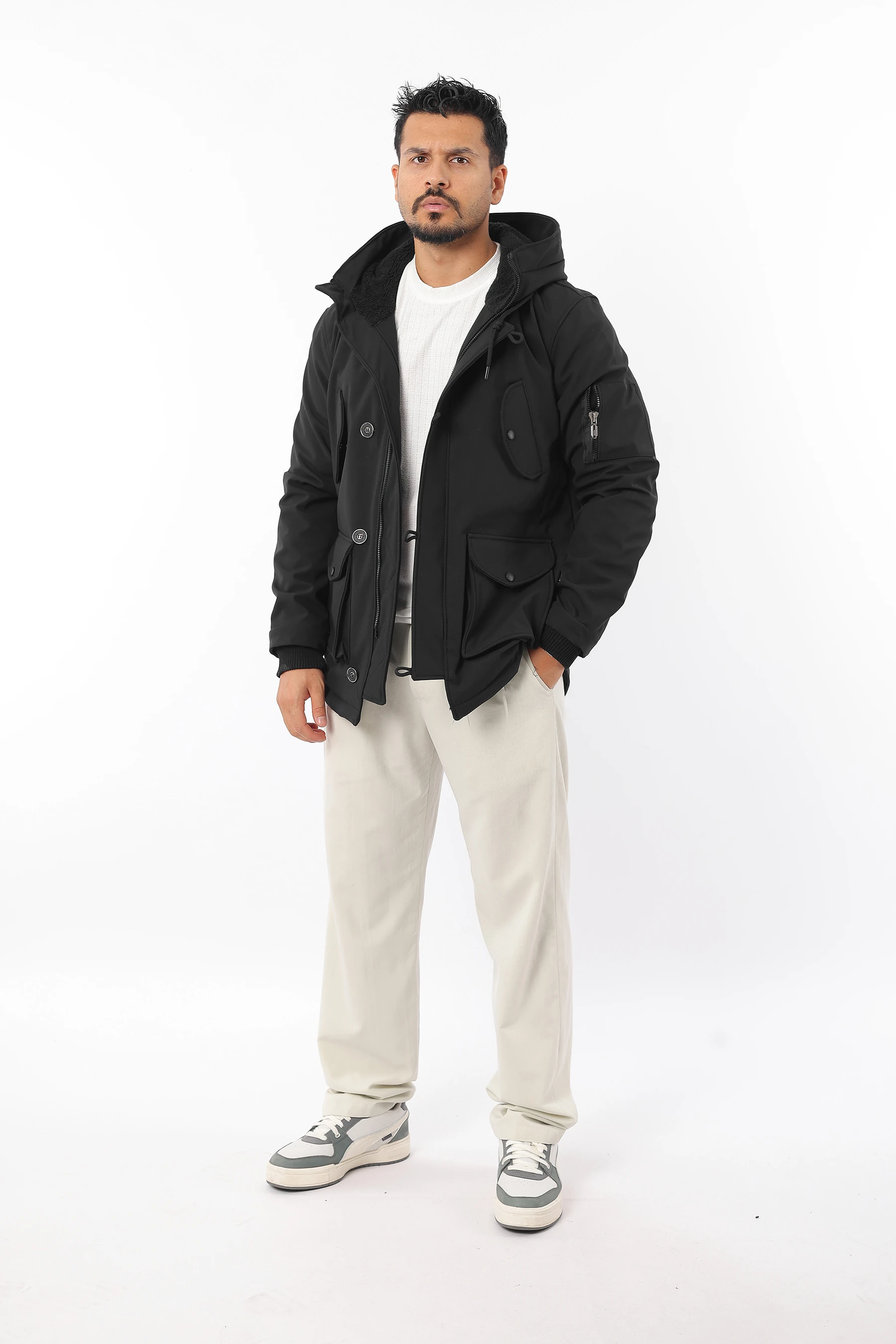 Erkek İçi Kürklü Soğuk Ve Rüzgar Geçirmez Kapüşonlu Kolu Ribanalı Mont 1128