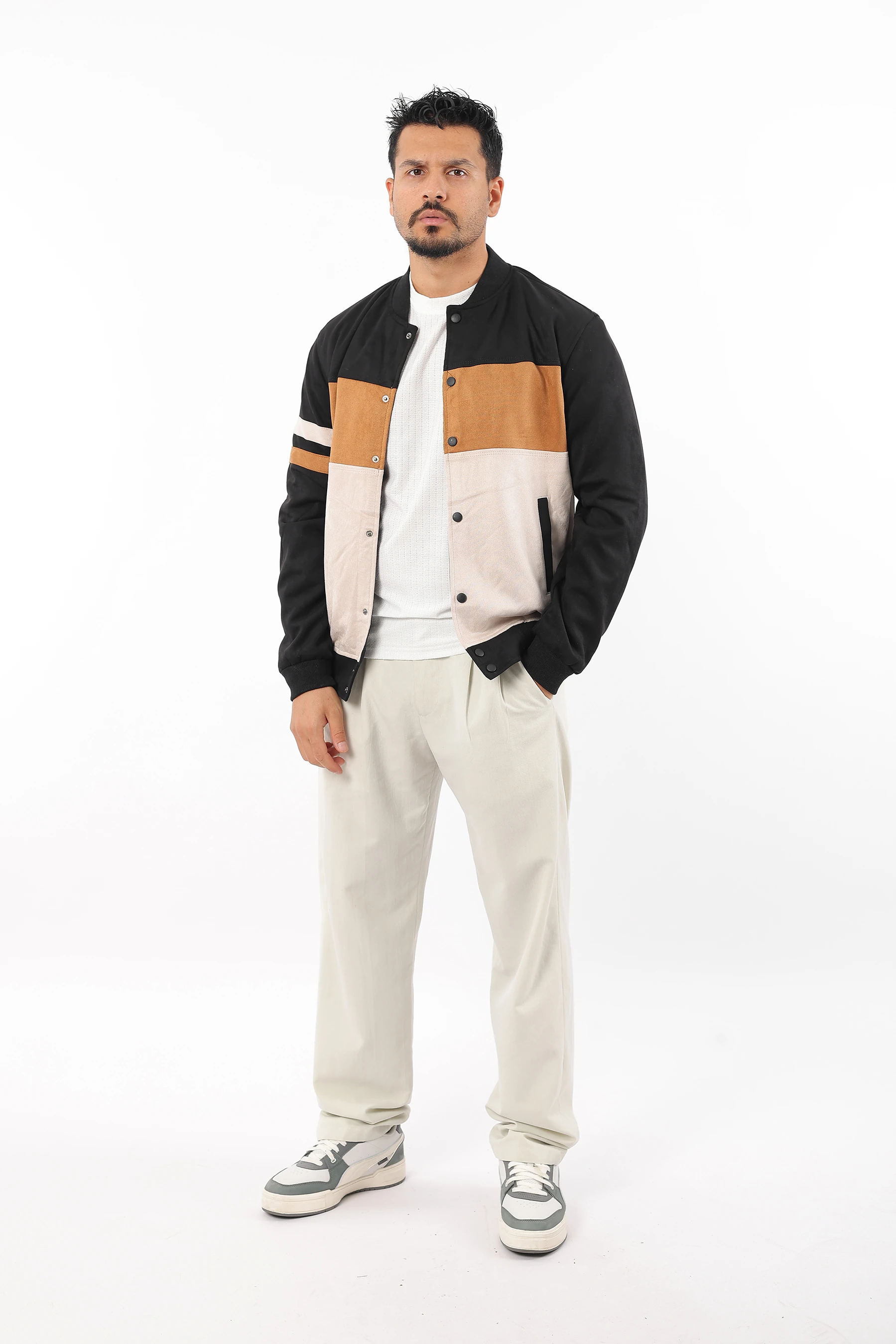 Erkek Spor Mevsimlik İçi Astarlı Bomber Bloklu Çıtçıtlı Süet Mont 1367