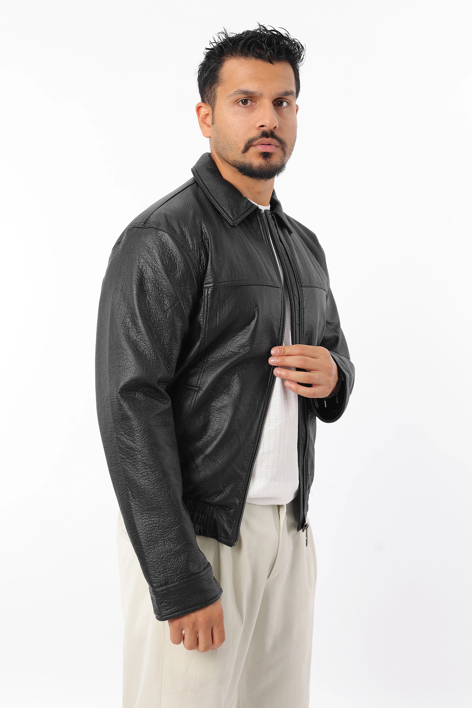 Erkek Slim Fit İç Astarlı Fermuarlı Beli Lastikli Siyah Deri Mont 1637