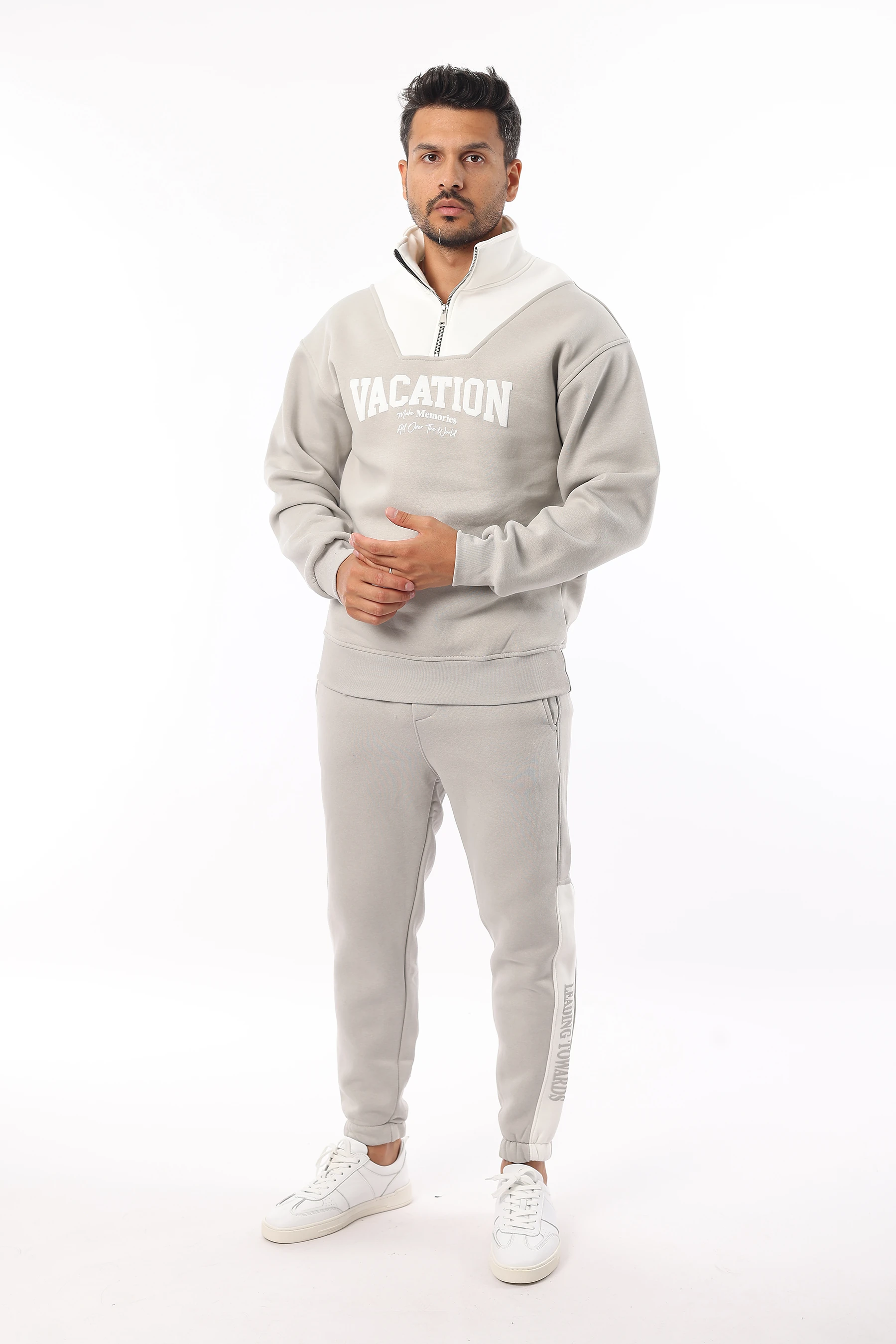 Unisex Yarım Oversize Pamuklu Yumuşak İçi Polarlı Fermuarlı Dik Yaka Baskılı Sweatshirt 1101