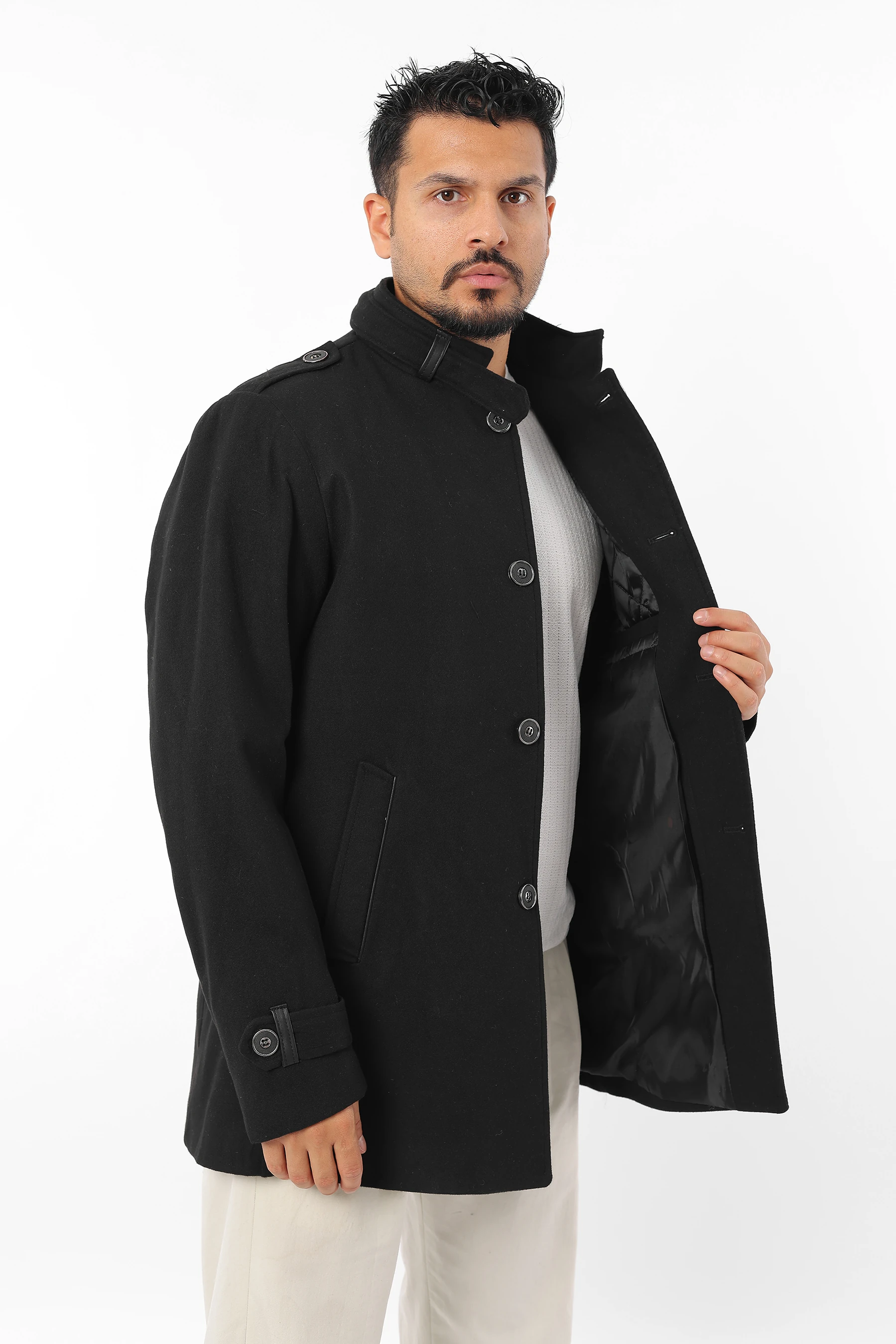 Erkek Rahat Kesim İçi Astarlı Apoletli Düğmeli Siyah Kaşe Mont 1106