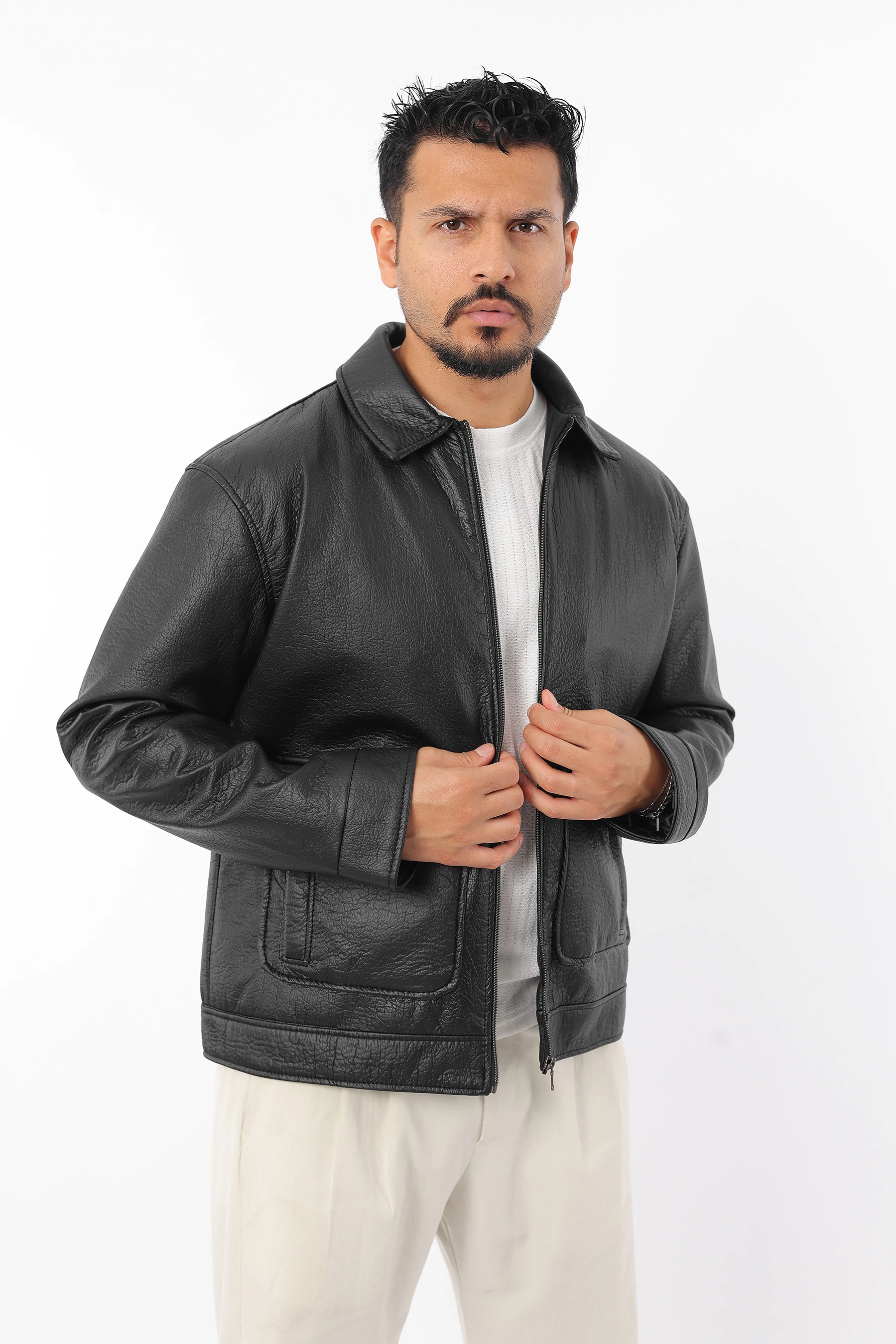 Erkek Slim Fit İç Astarlı Fermuarlı Yakası Çıtçıtlı Cepli Siyah Deri Mont 1277