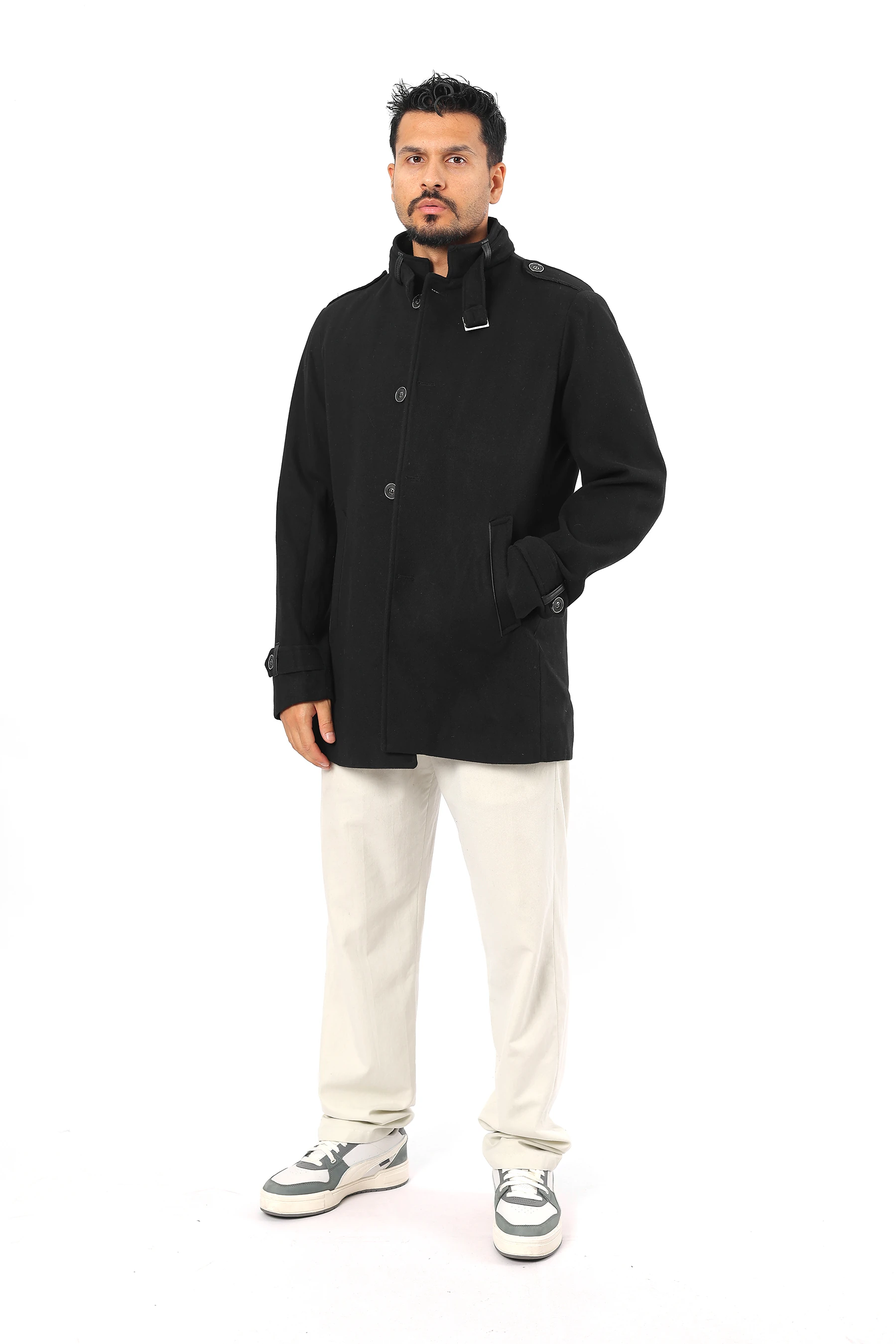 Erkek Rahat Kesim İçi Astarlı Apoletli Düğmeli Siyah Kaşe Mont 1106