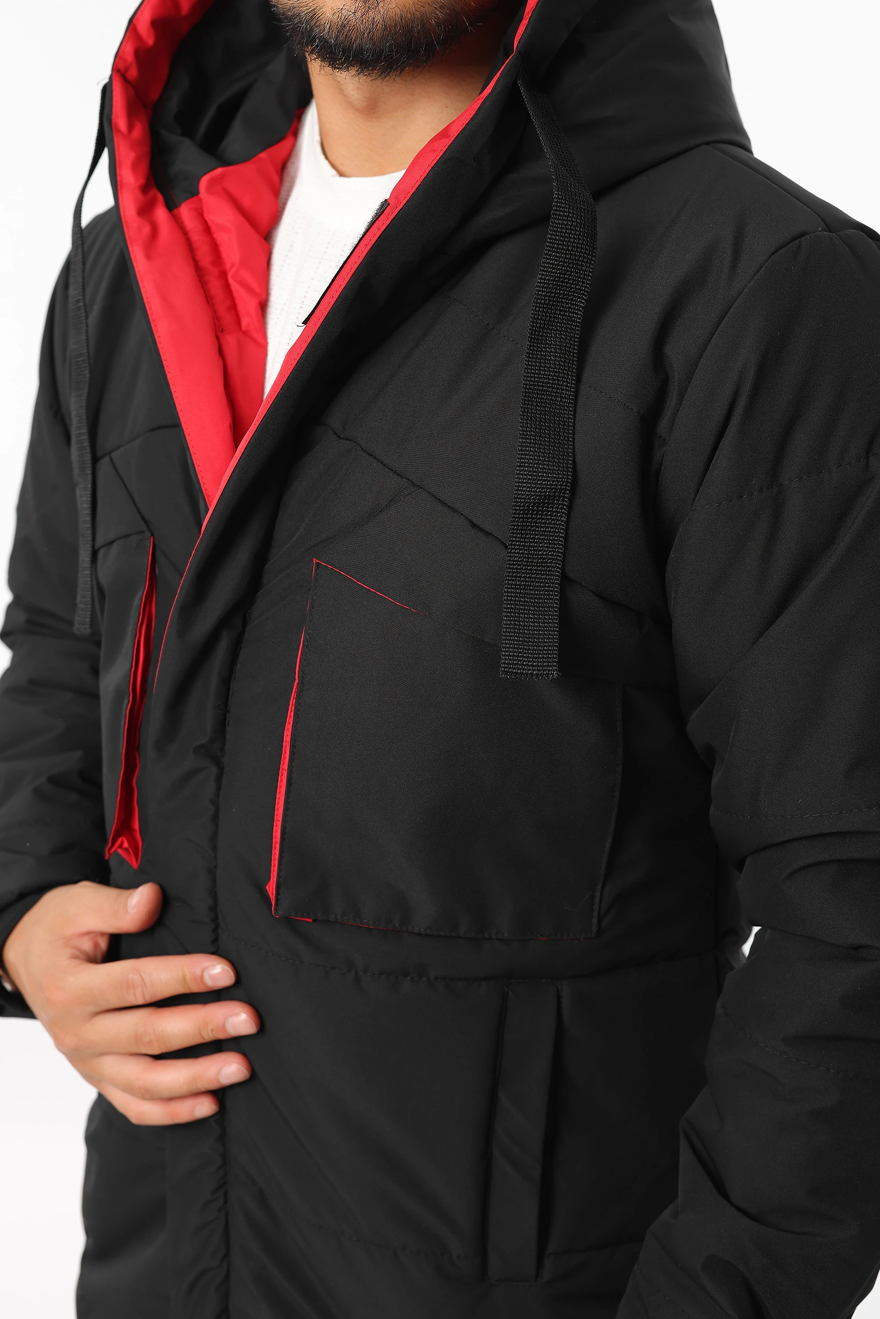 Erkek Rüzgar Geçirmez Sıcak Tutan Elyaf Dolgulu Kapüşonlu Siyah Mont 1194