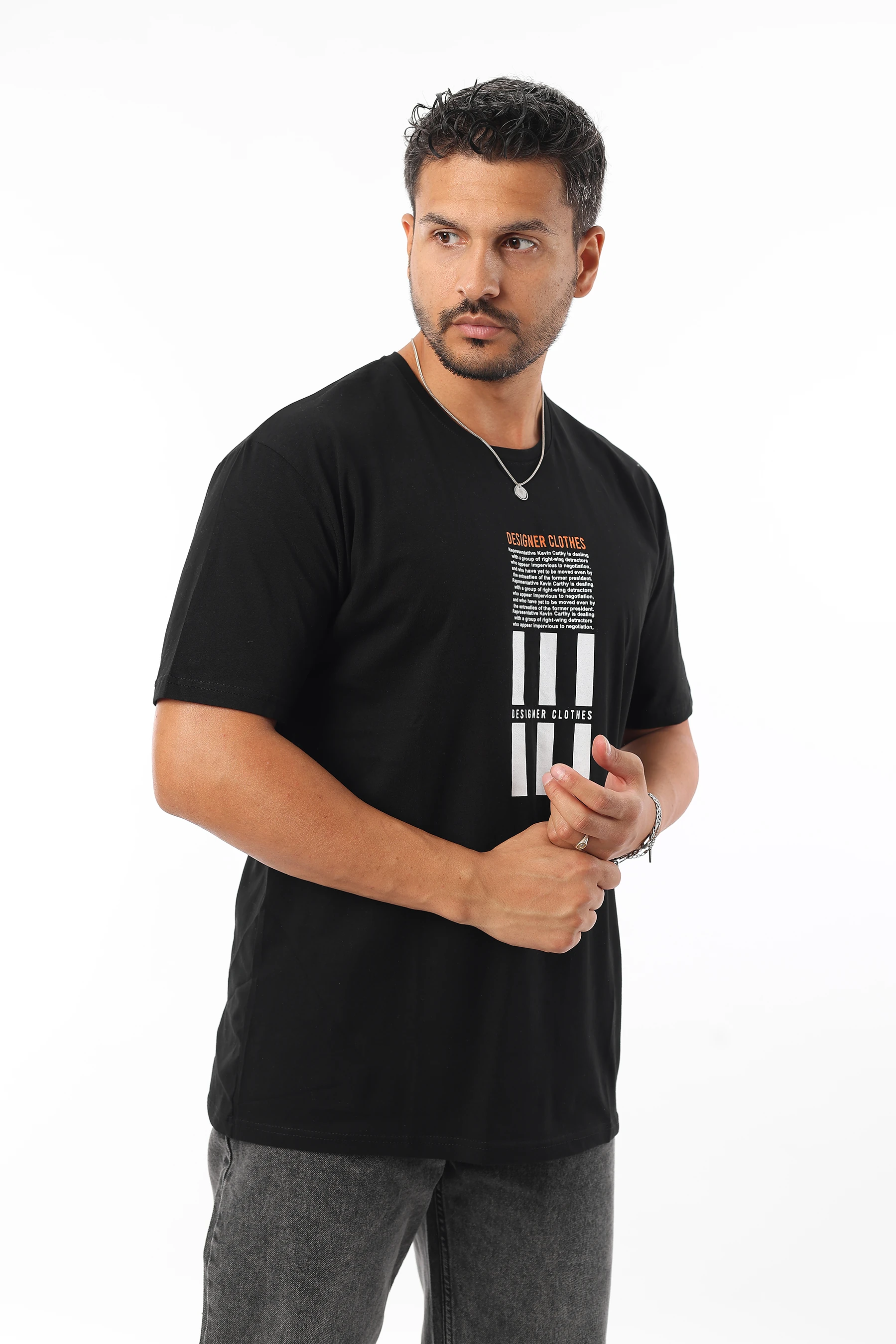 Erkek Slim Fit Bisiklet Yaka Baskı Detaylı Siyah Tişört 5468