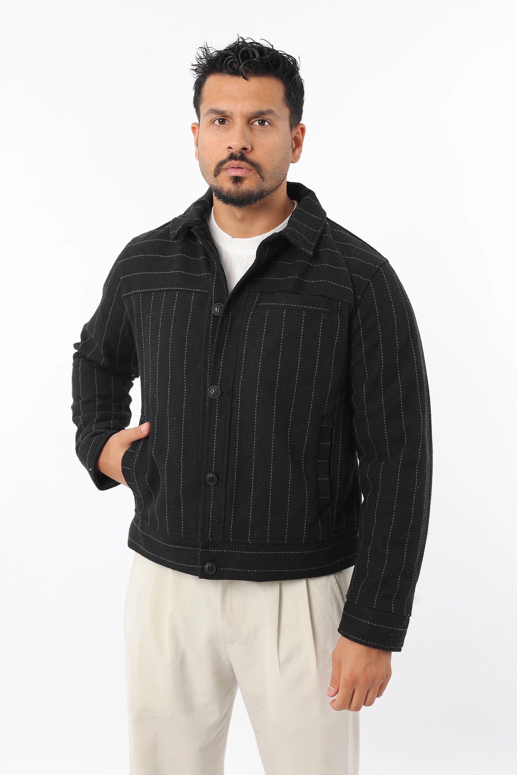 Erkek Mevsimlik Bomber Ceket İçi Kapitone Düğmeli Çizgili Mont 1618