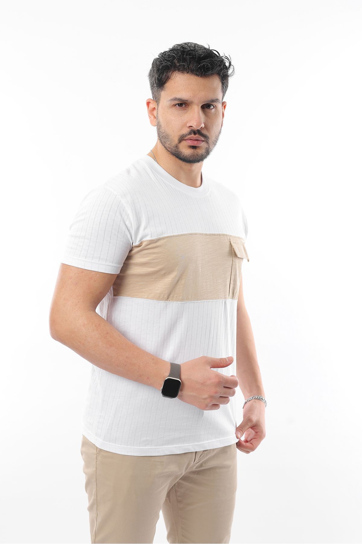 Erkek Bisiklet Yaka Basic Renk Bloklu Rahat Tişört