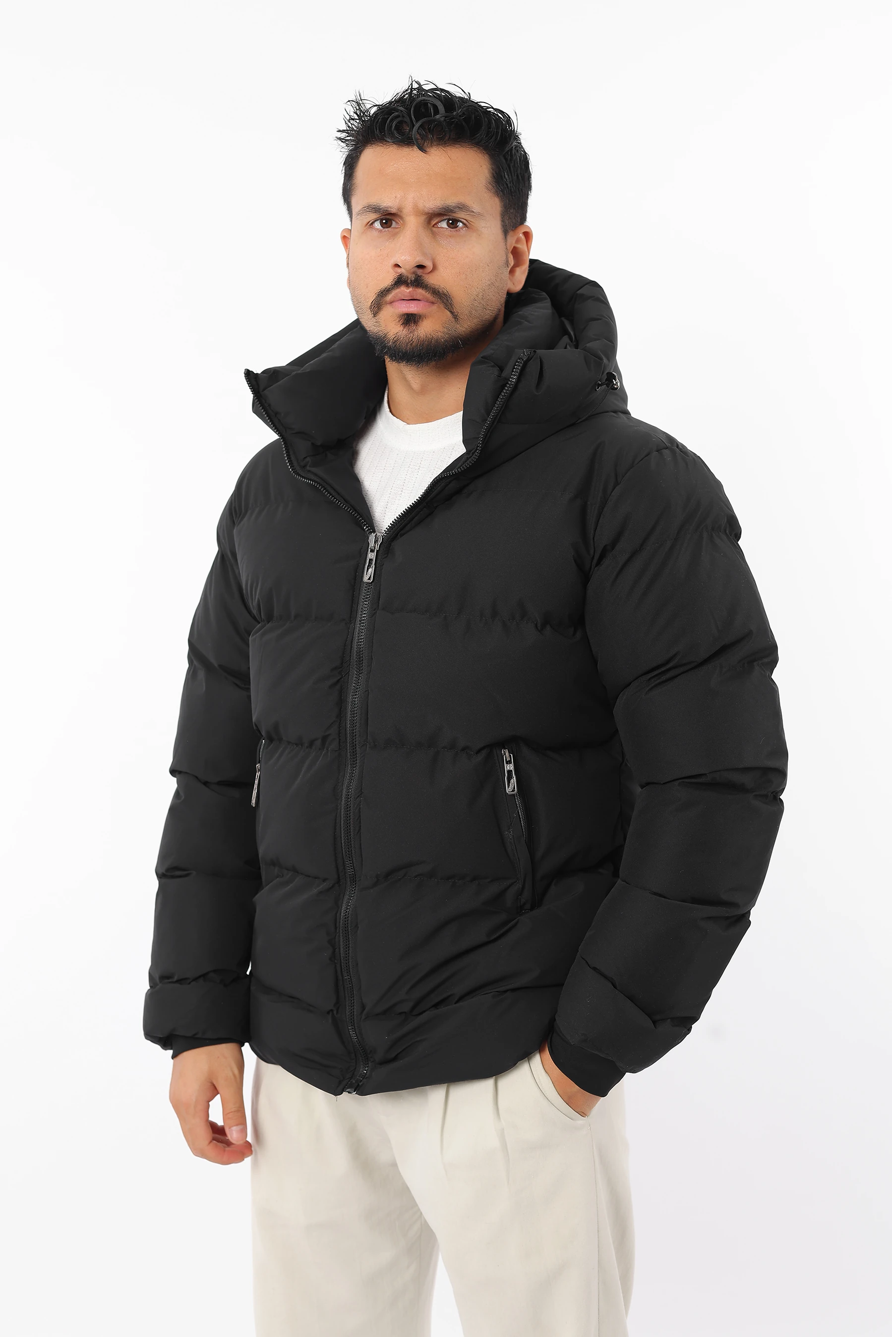 Erkek Şişme Sıkı Dolum Elyaf Soğuk Geçirmez Kapüşonlu Kalın Mont 1479