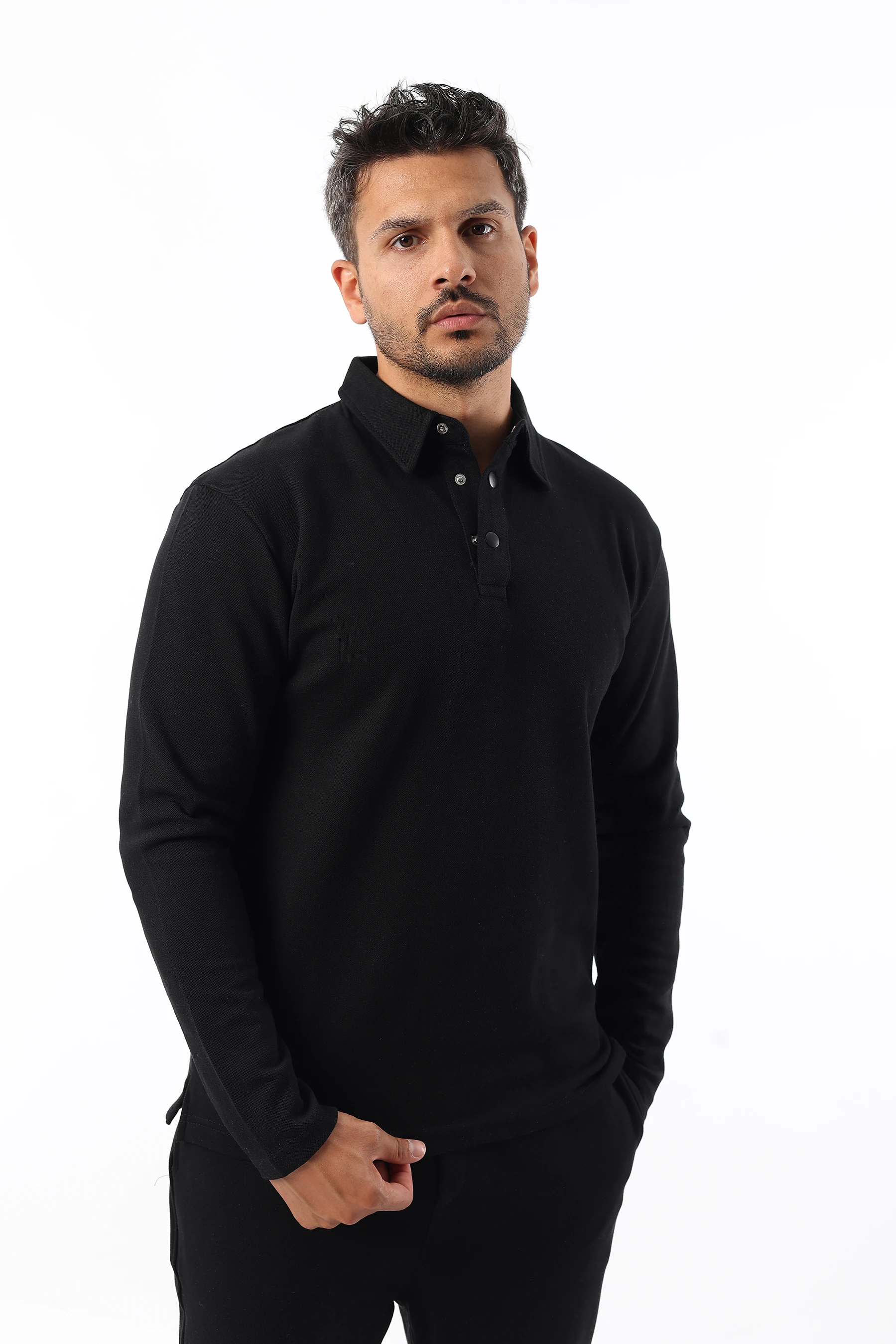 Erkek Standart Fit Rahat Kesim Pamuklu Yumuşak Dokulu Düz Pike Uzun Kollu Polo Yaka Tişört 1018