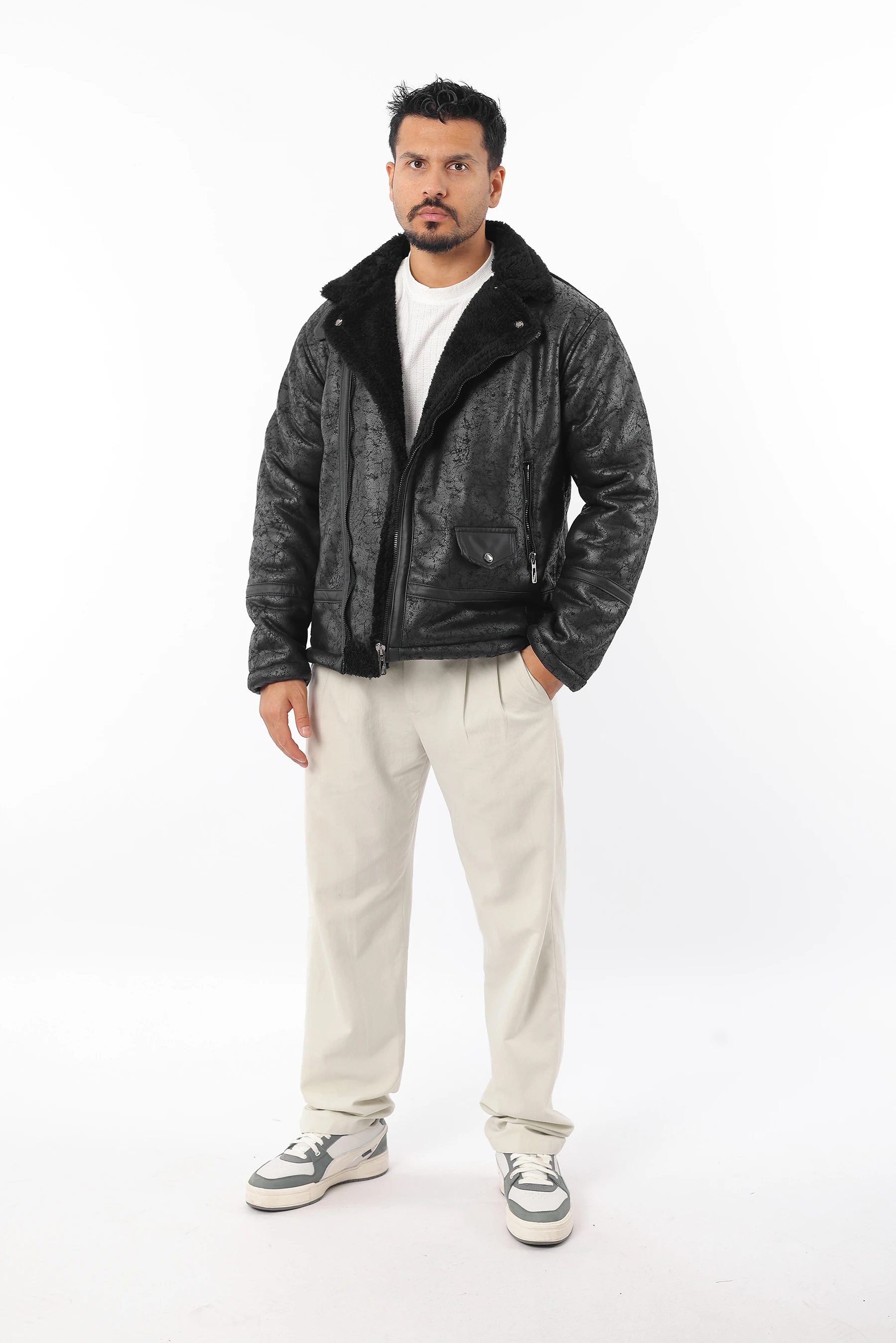 Erkek İçi Kürklü Rüzgar Geçirmez Desenli Fermuarlı Süet Mont 1119