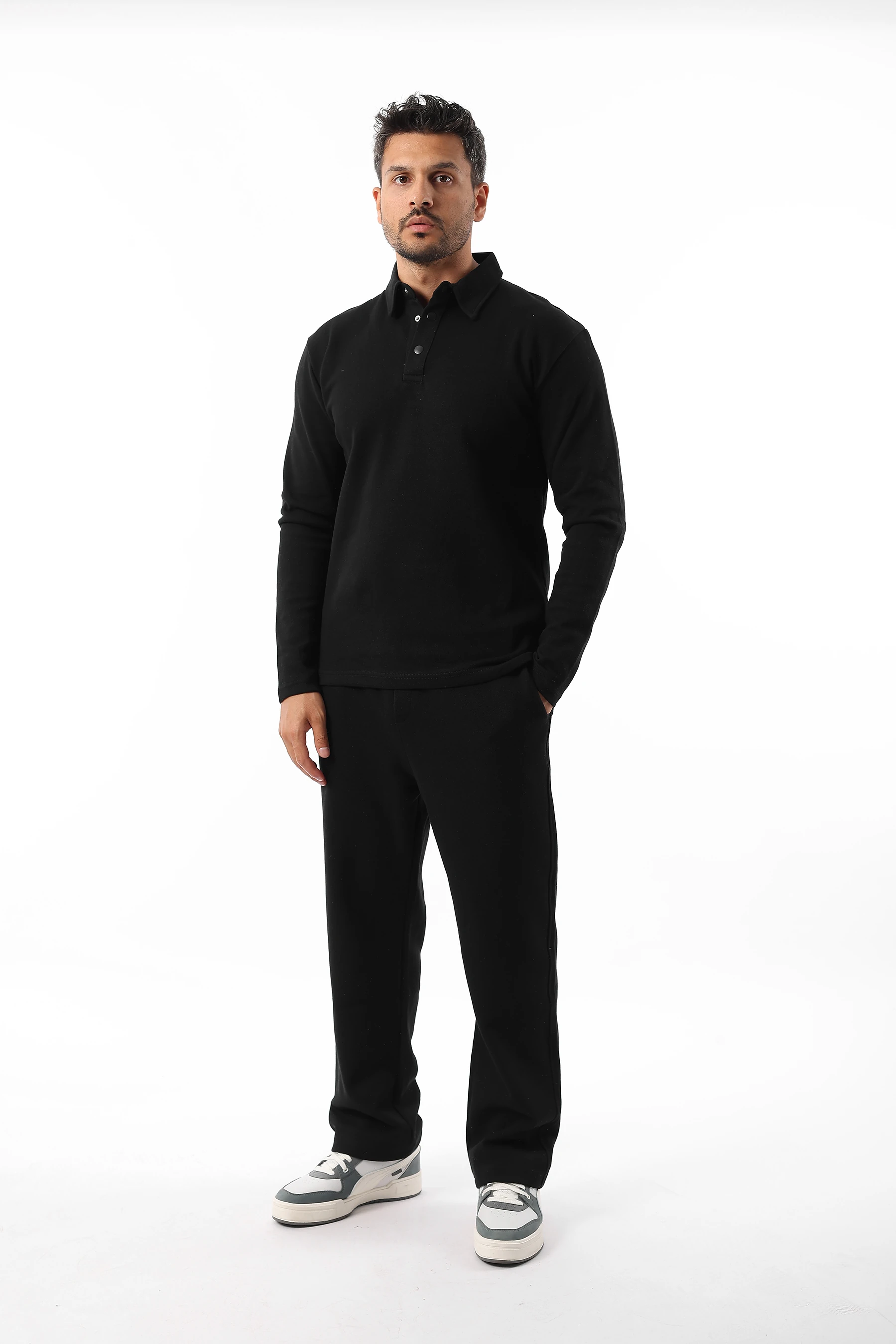 Erkek Standart Fit Rahat Kesim Pamuklu Yumuşak Dokulu Düz Pike Uzun Kollu Polo Yaka Tişört 1018