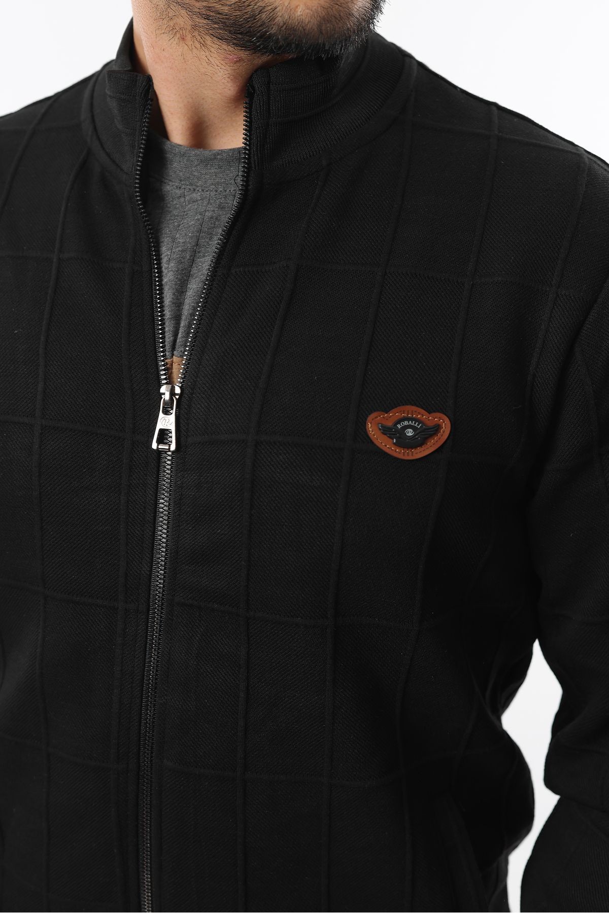 Erkek Çift Cepli Dik Yaka  Kapitone Desenli Fermuarlı Sweatshirt