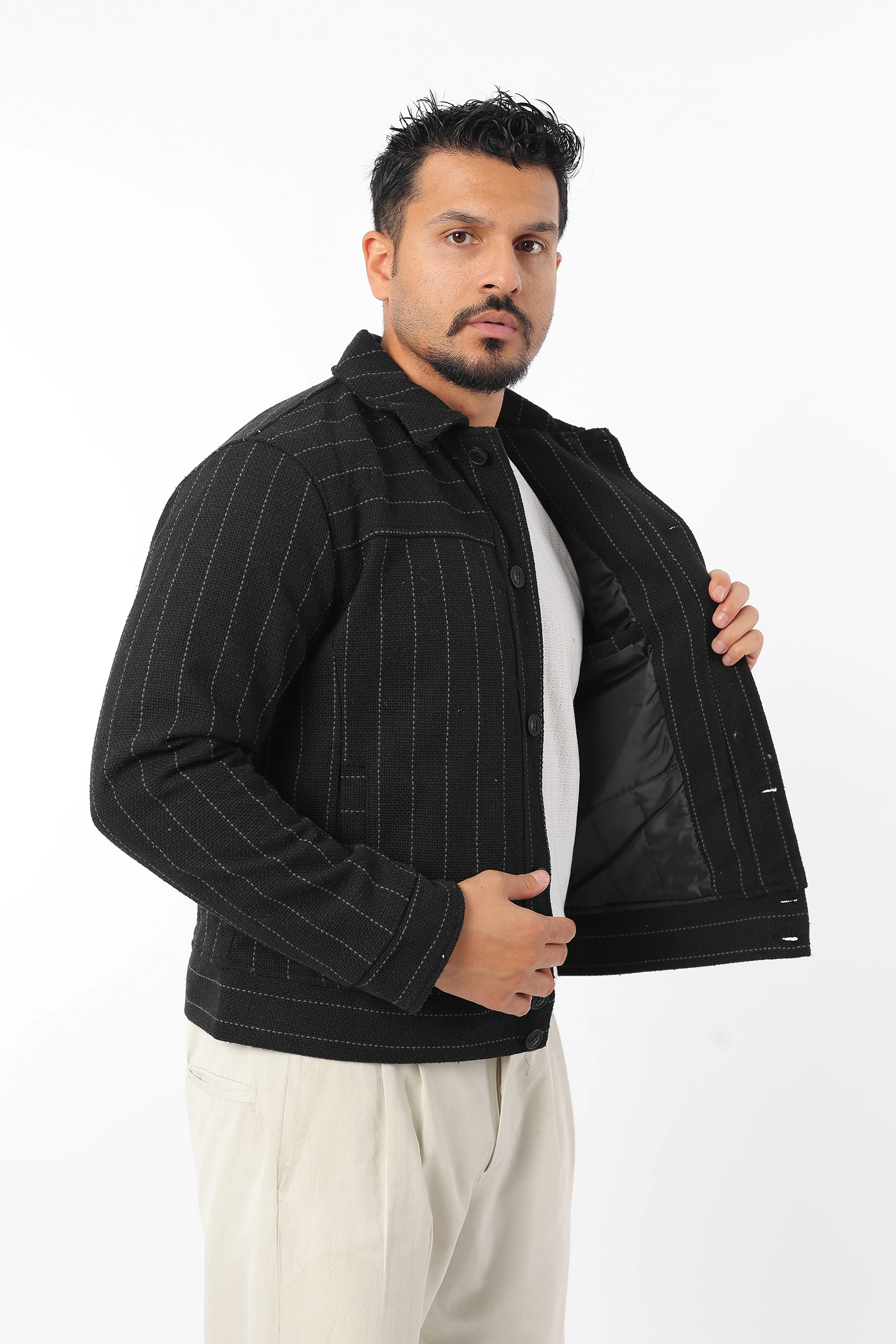 Erkek Mevsimlik Bomber Ceket İçi Kapitone Düğmeli Çizgili Mont 1618