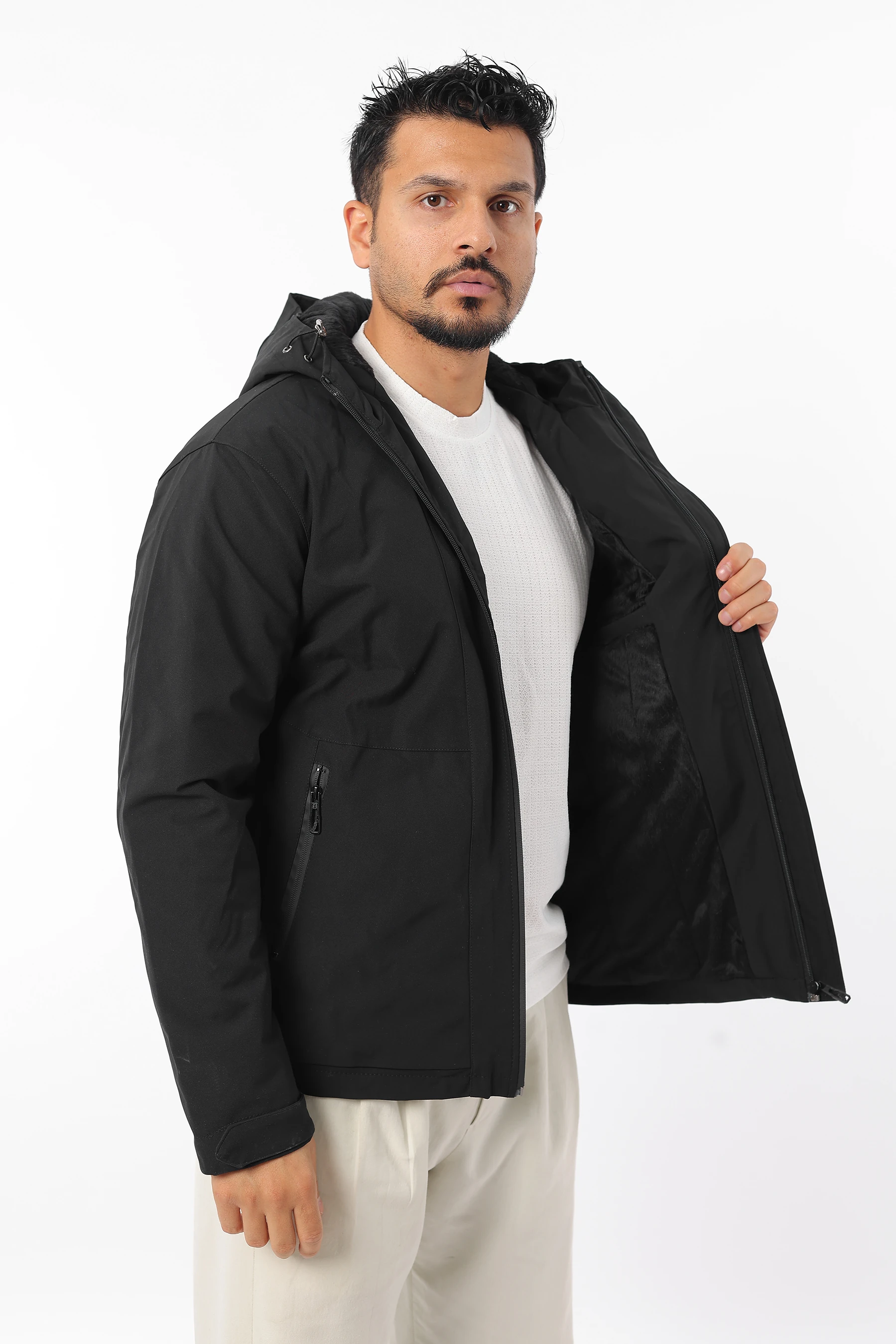 Erkek İçi Kürklü Rüzgar Geçirmez Softjel Kumaş Kapüşonlu Fermuarlı Mont 1625