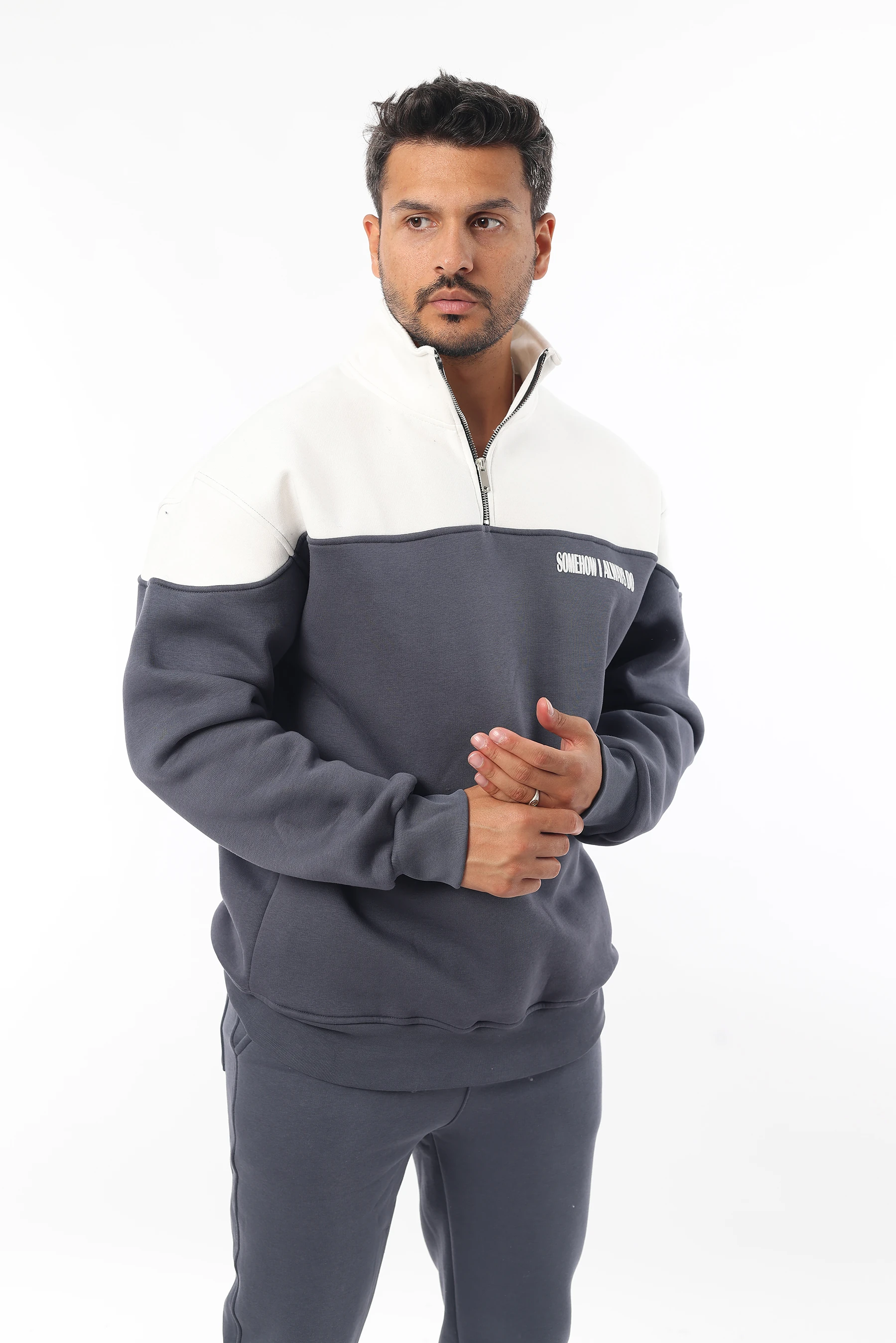 Erkek Yarım Oversize Pamuklu Yumuşak İçi Polarlı Kapşonlu Polo Yaka Düğmeli Sweatshirt 1077