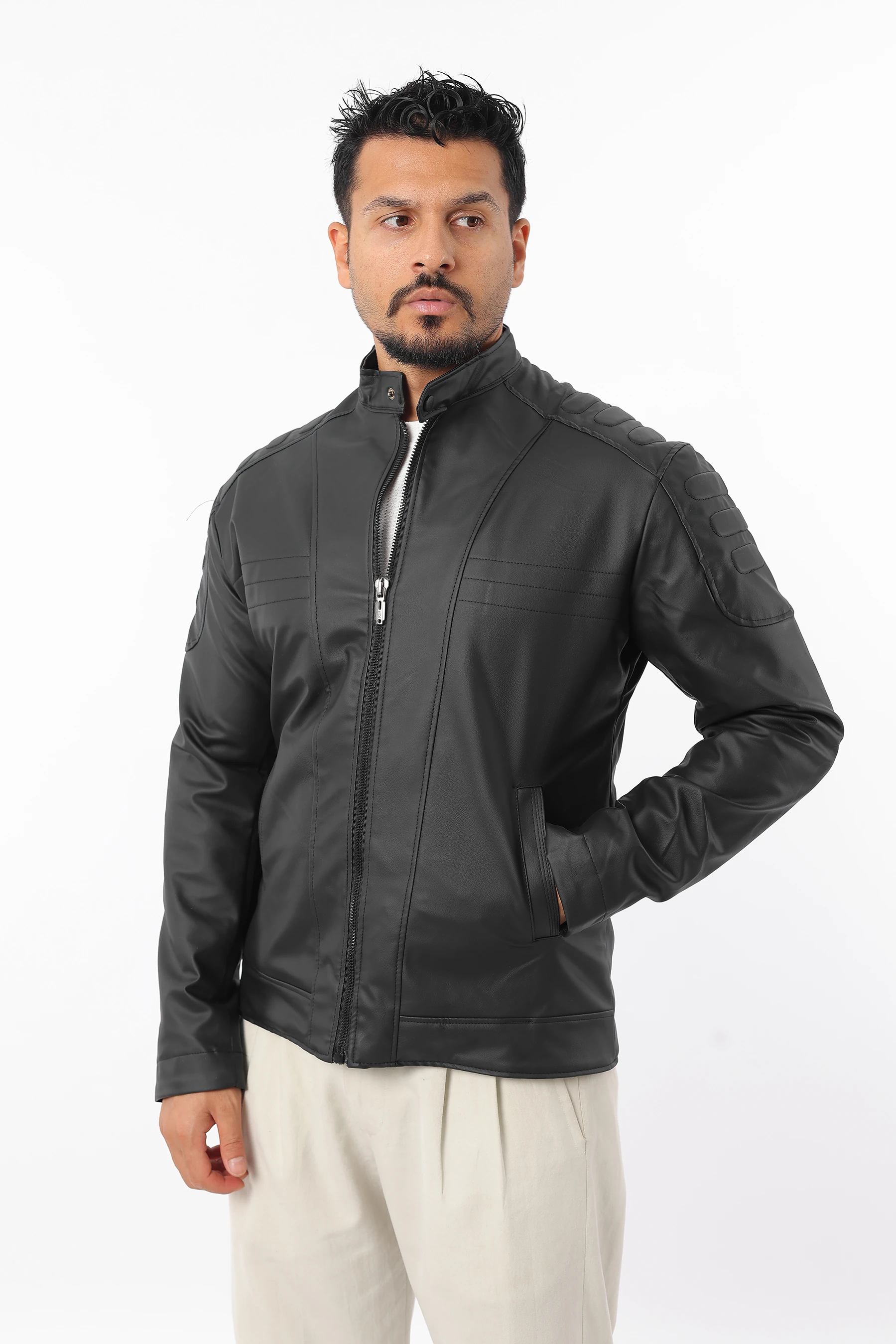 Erkek Slim Fit İç Astarlı Fermuarlı Yakası Çıtçıtlı Cepli Siyah Deri Mont 1277