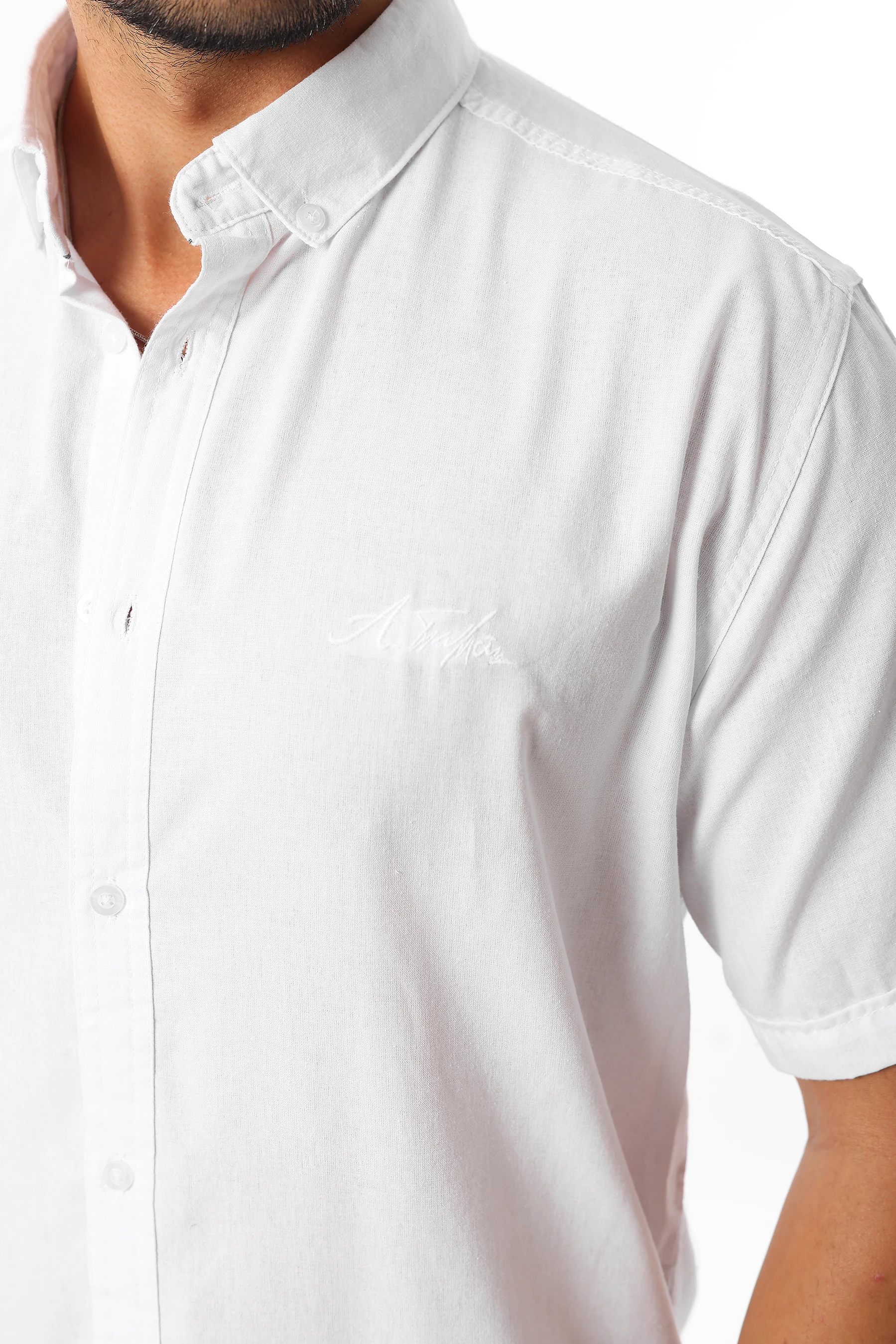 Erkek Keten %100 Pamuk Standart Fit Kısa Kollu Beyaz Battal Gömlek Er25-455