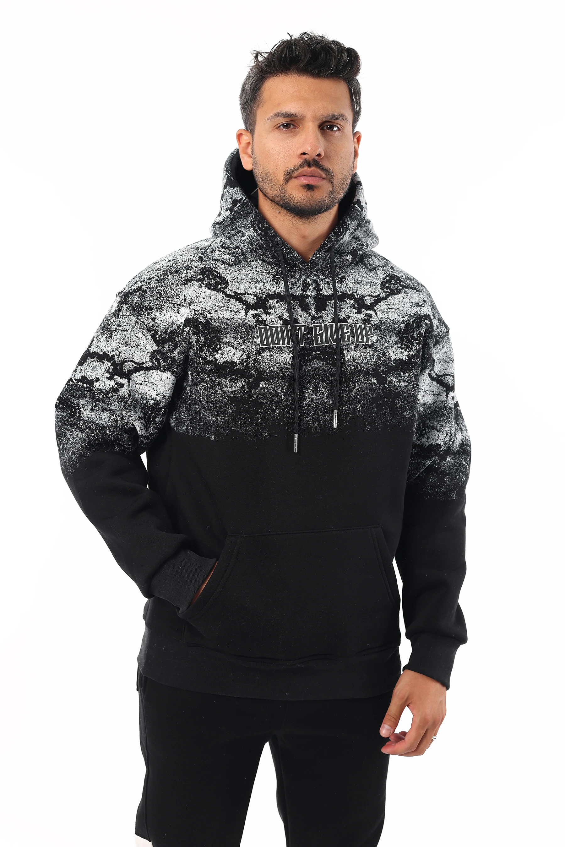 Unisex Yarım Oversize Pamuklu Yumuşak İçi Polarlı Kapşonlu Kanguru Cep Baskılı Sweatshirt 1058