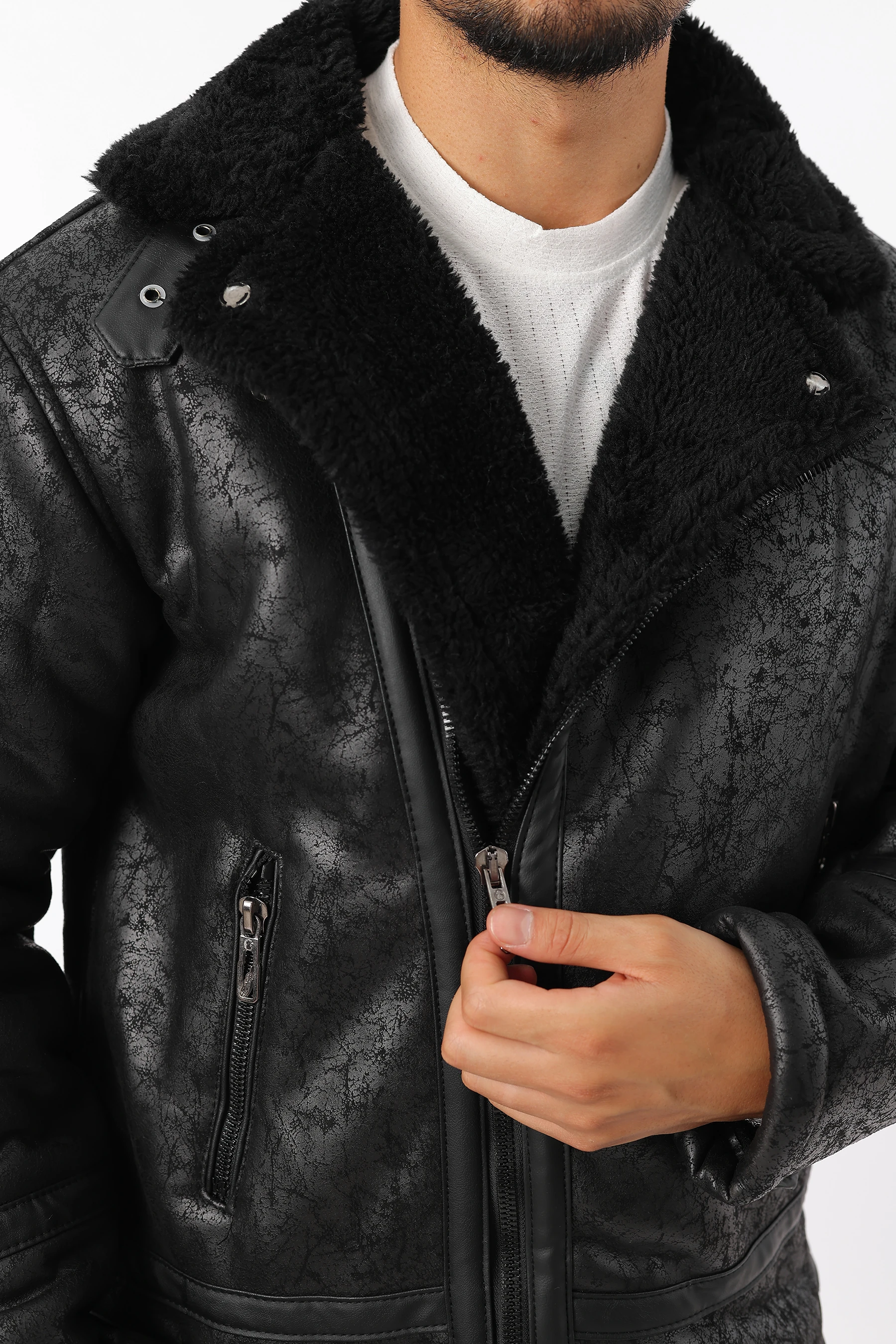 Erkek İçi Kürklü Rüzgar Geçirmez Desenli Fermuarlı Süet Mont 1119