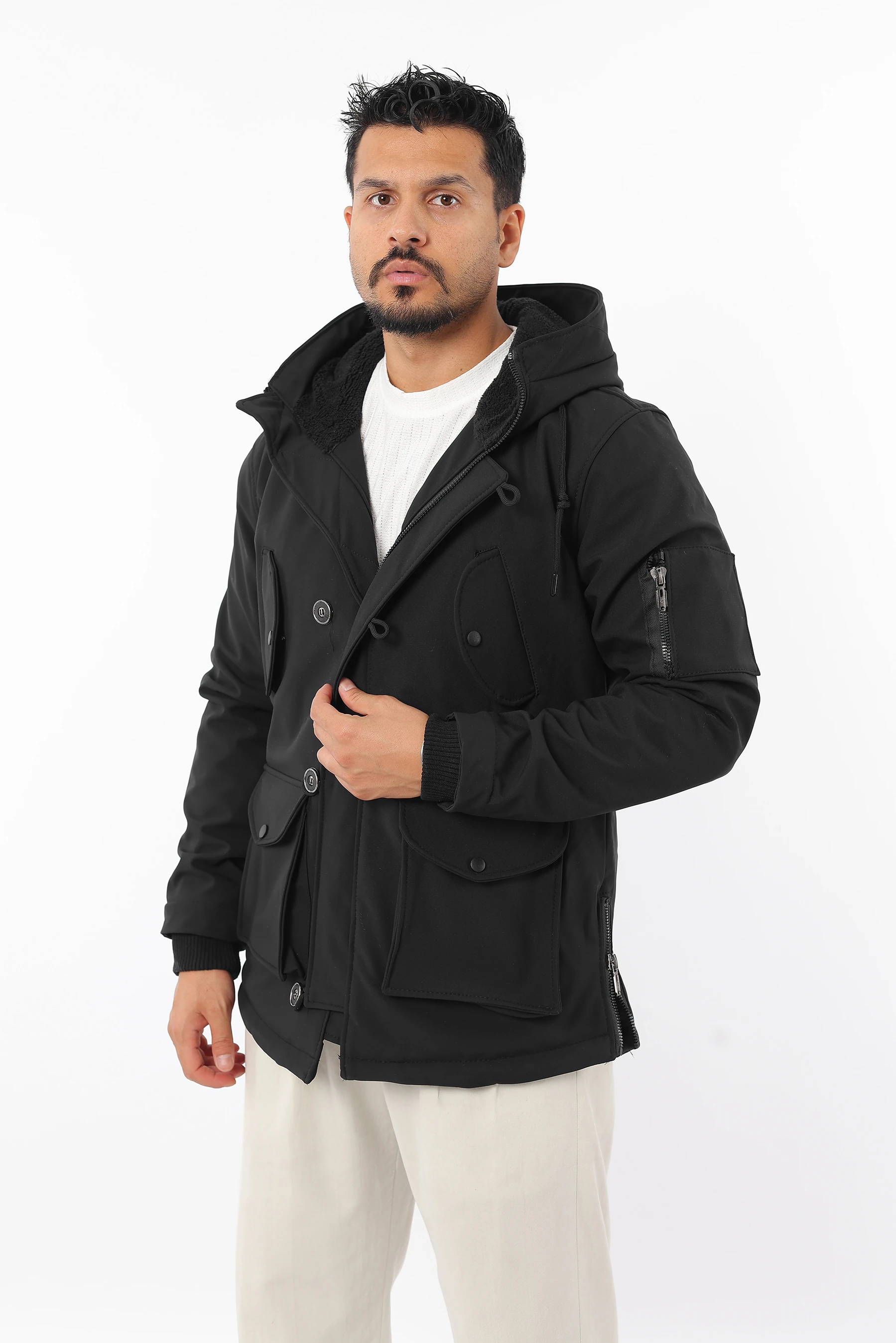 Erkek İçi Kürklü Soğuk Ve Rüzgar Geçirmez Kapüşonlu Kolu Ribanalı Mont 1128