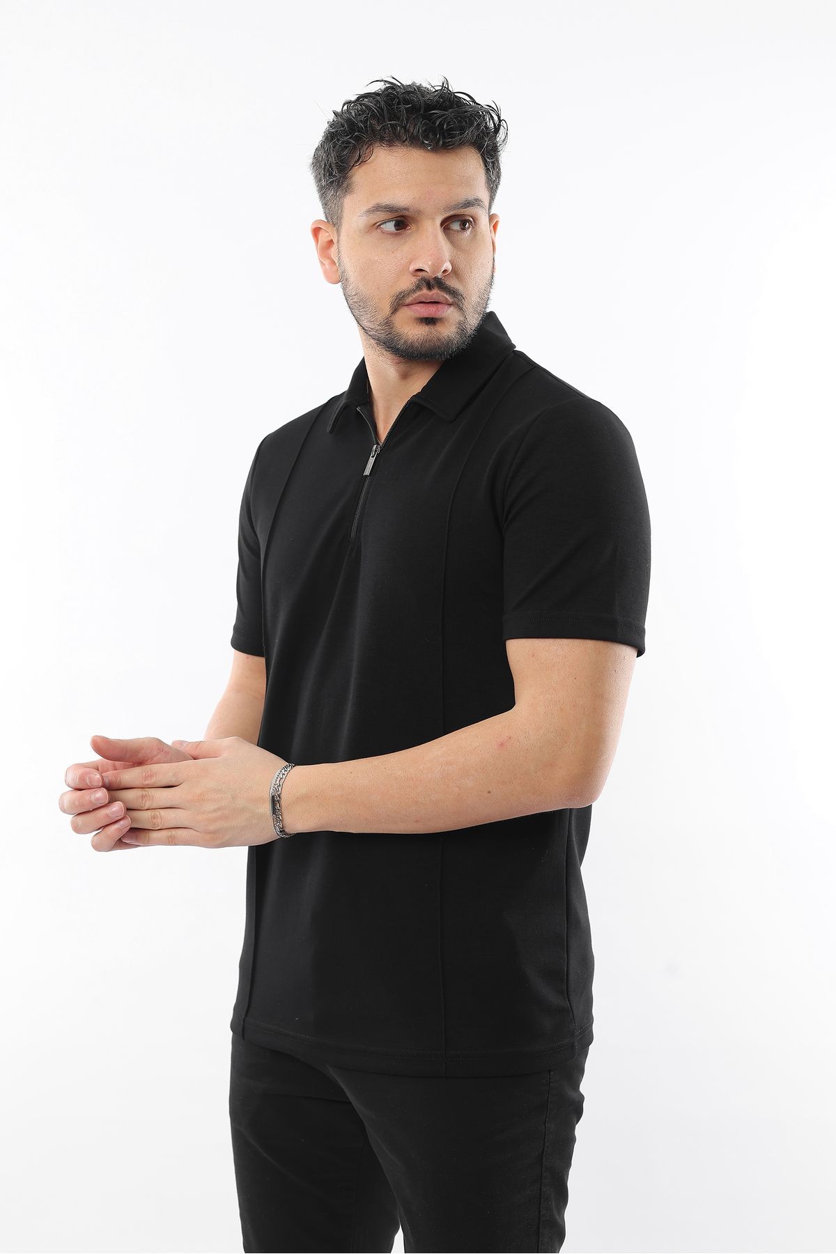 Erkek Fermuarlı Polo Yaka Slim Fit Tişört - Kısa Kollu Şık Tasarım