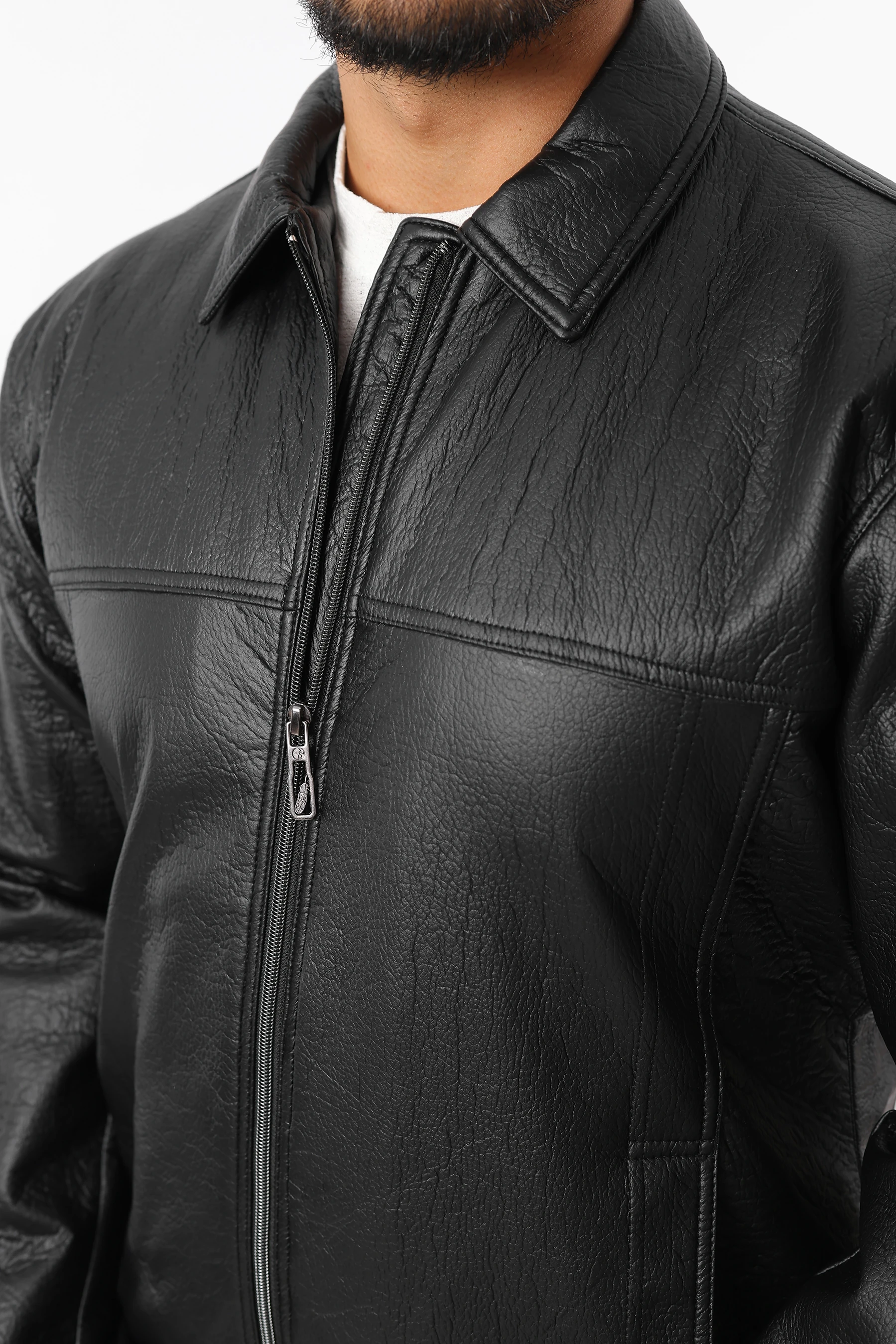 Erkek Slim Fit İç Astarlı Fermuarlı Beli Lastikli Siyah Deri Mont 1637