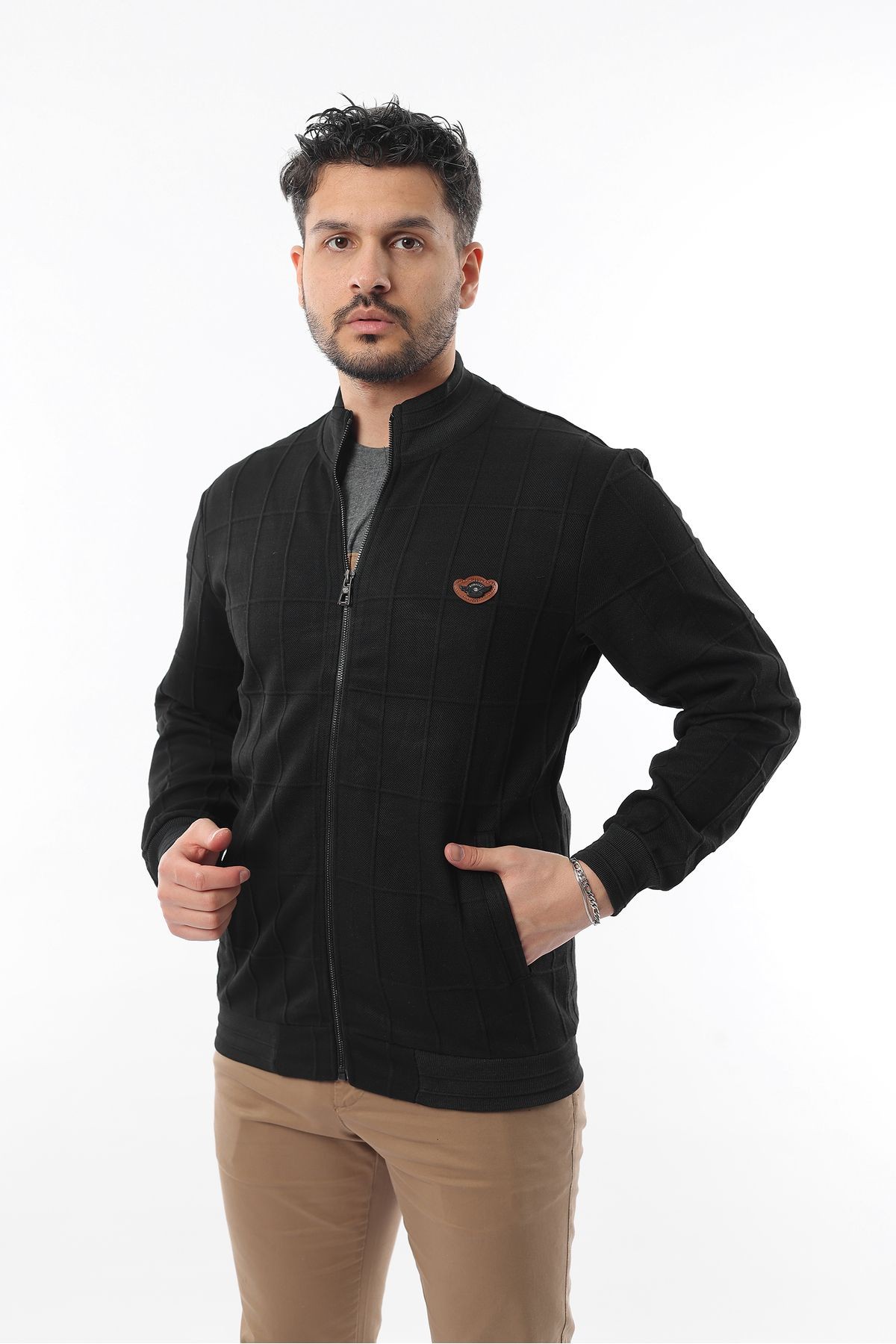 Erkek Çift Cepli Dik Yaka  Kapitone Desenli Fermuarlı Sweatshirt