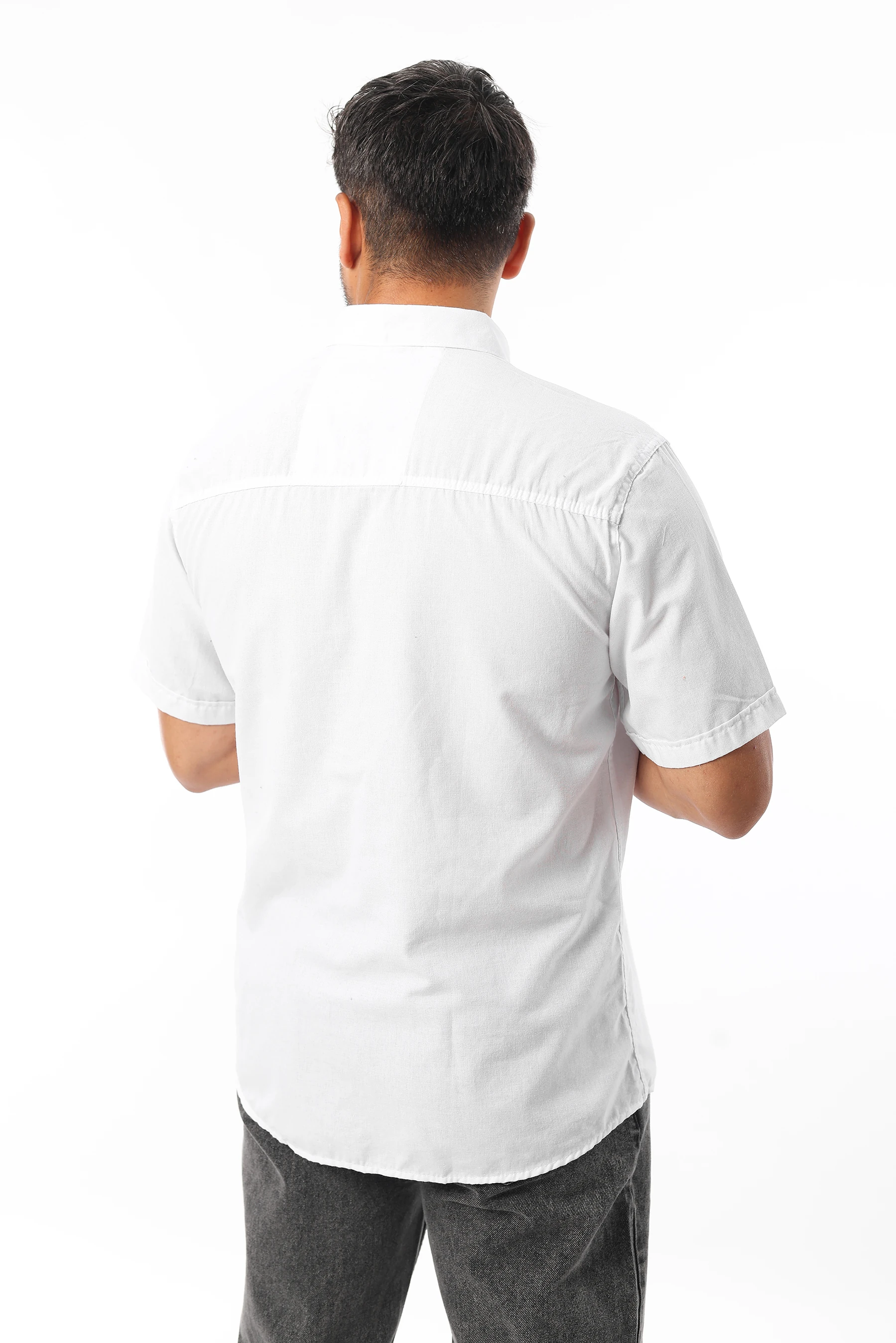 Erkek Keten %100 Pamuk Standart Fit Kısa Kollu Beyaz Battal Gömlek Er25-455