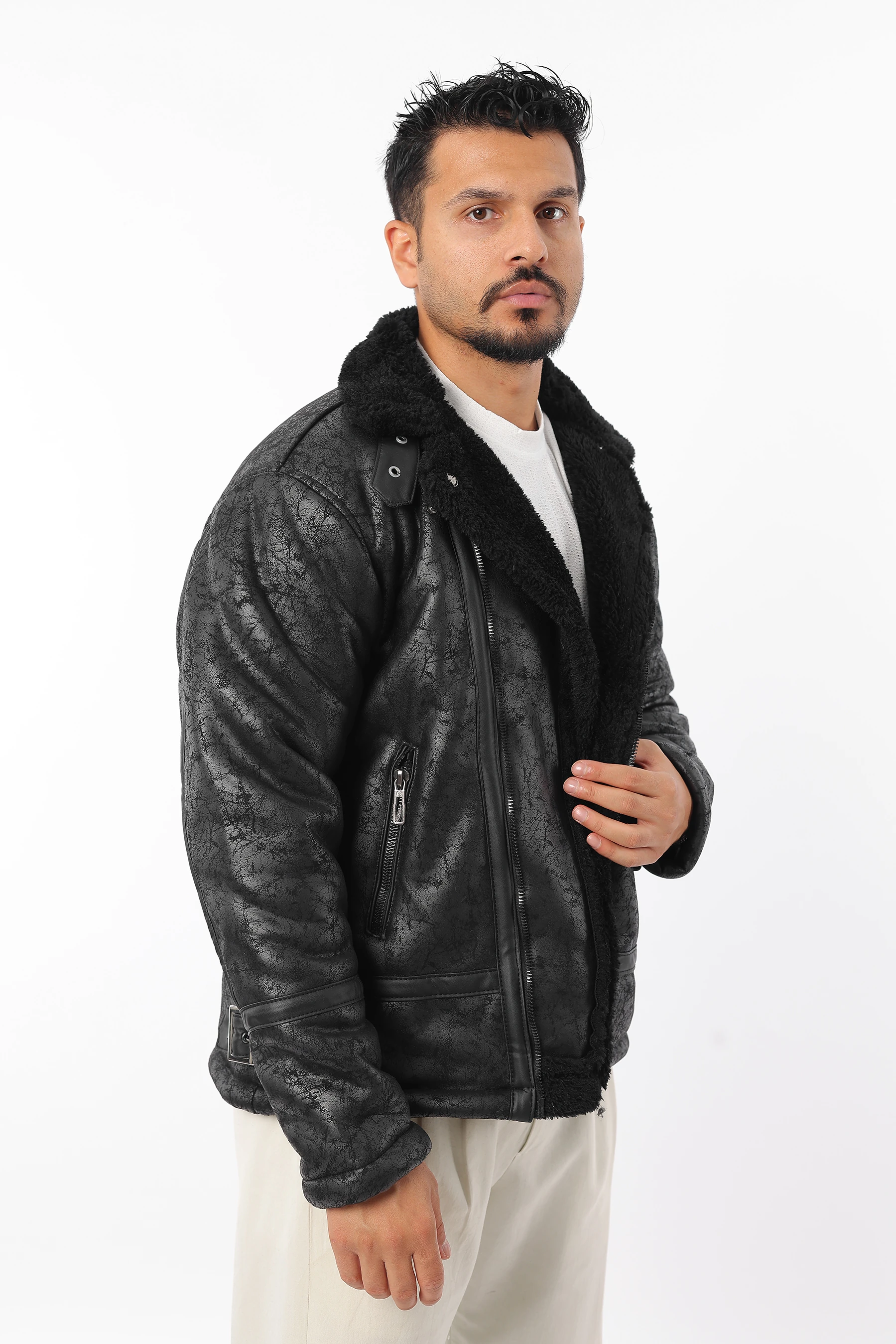 Erkek İçi Kürklü Rüzgar Geçirmez Desenli Fermuarlı Süet Mont 1119