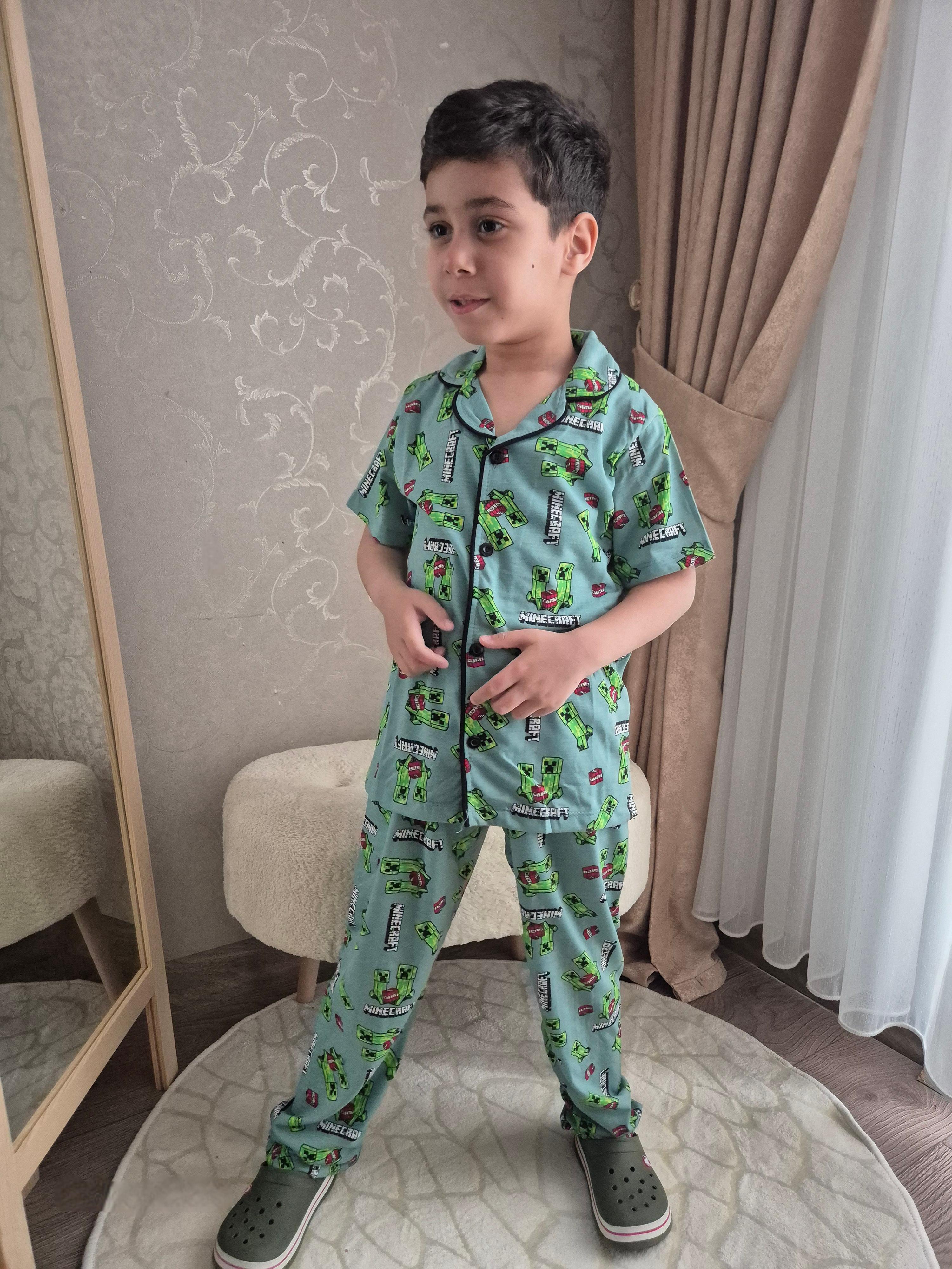 Minecraft Baskılı Önden Düğmeli Erkek Çocuk Pijama Takımı(4-12 Yaş)