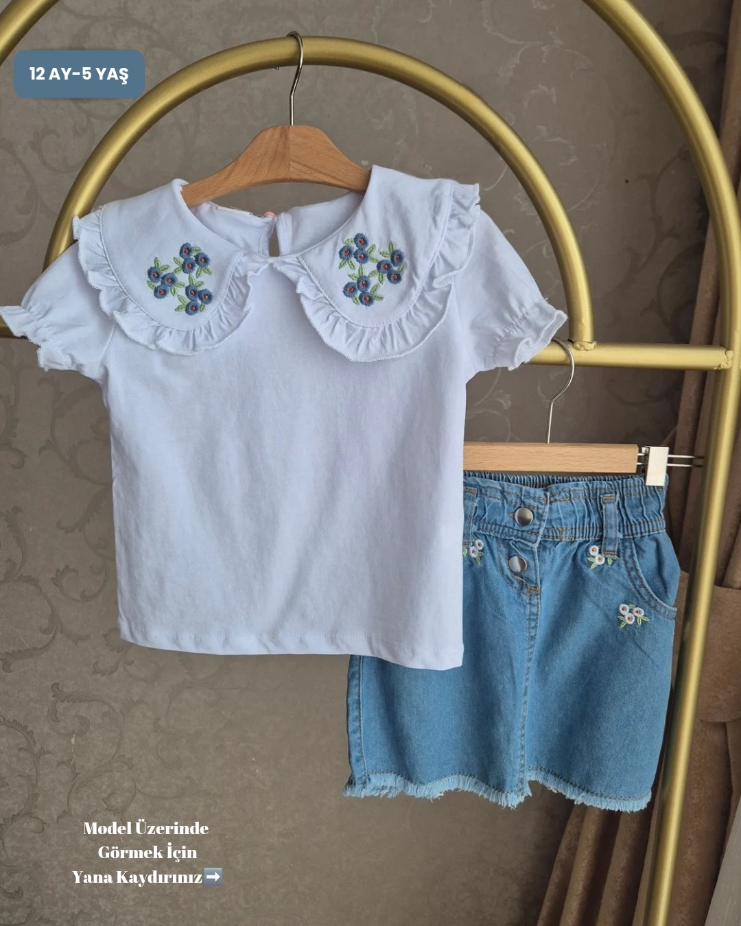 Çiçek Desenli Bebe Yaka Bluz-Etek Kız Çocuk Alt Üst Takım (12 Ay-5 Yaş)-Ela Serisi-