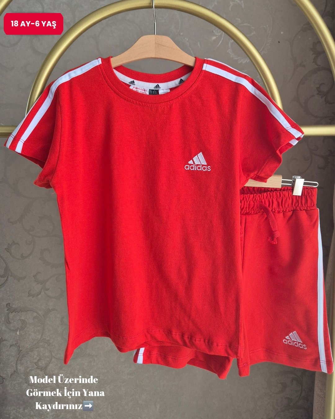 Marka Yazı Baskılı %100 Pamuklu Unisex Şortlu Alt Üst Takım-Kırmızı (18 Ay-6Yaş)