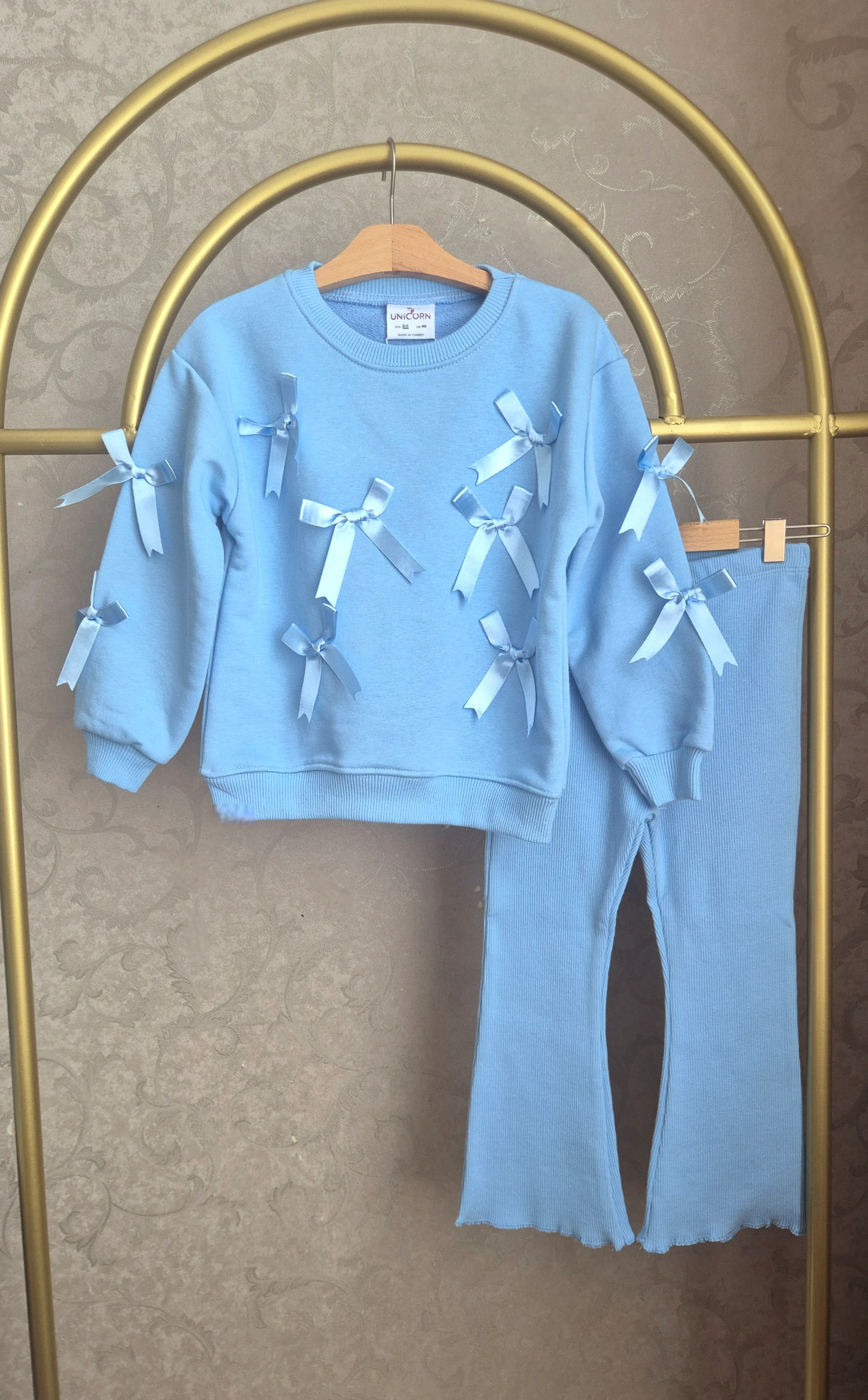 Blue Rıbbony 3 Boyutlu Fiyonk İşleme Detaylı Sweatshirt ve İspanyol Paça Tayt (2-8 Yaş)