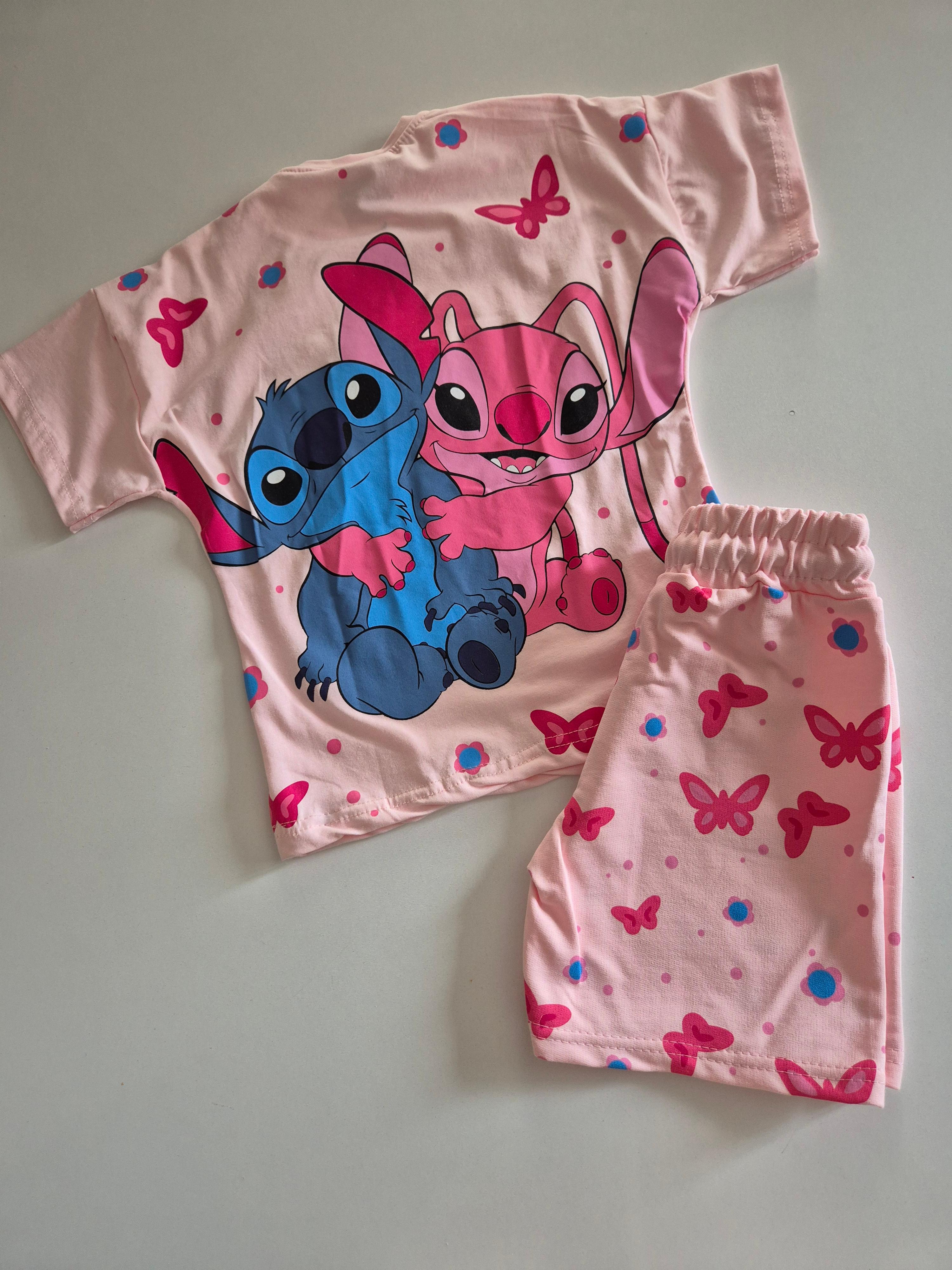 Stitch Temalı Kız Çocuk Şortlu Alt Üst Takım (3-10 Yaş)