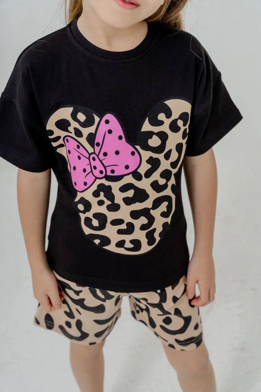 Minnie Mouse Temalı Leopar Baskılı Kız Çocuk Alt Üst Takım(3-10 Yaş)