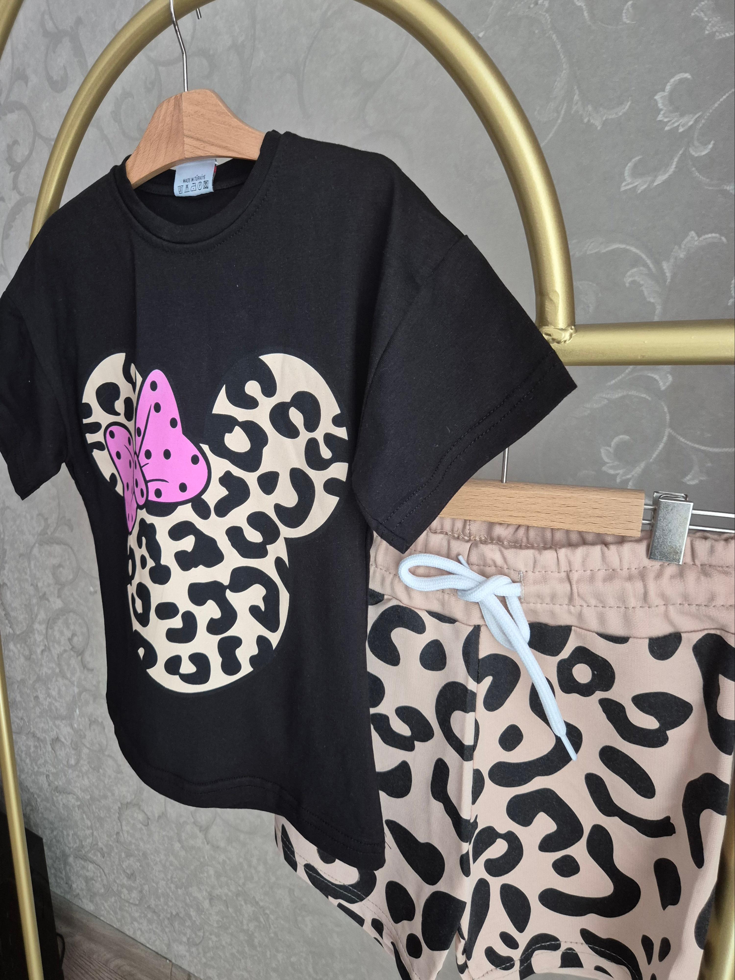 Minnie Mouse Temalı Leopar Baskılı Kız Çocuk Alt Üst Takım(3-10 Yaş)