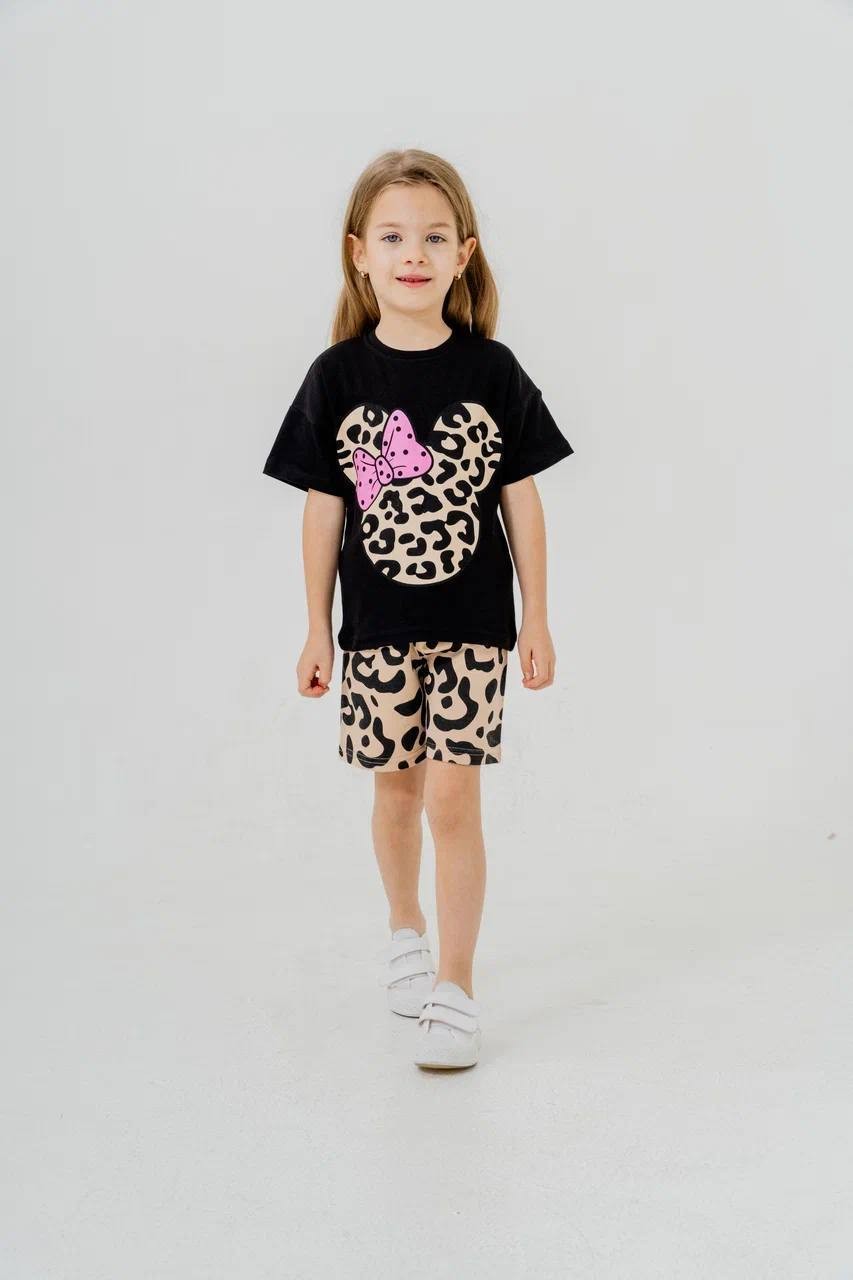 Minnie Mouse Temalı Leopar Baskılı Kız Çocuk Alt Üst Takım(3-10 Yaş)