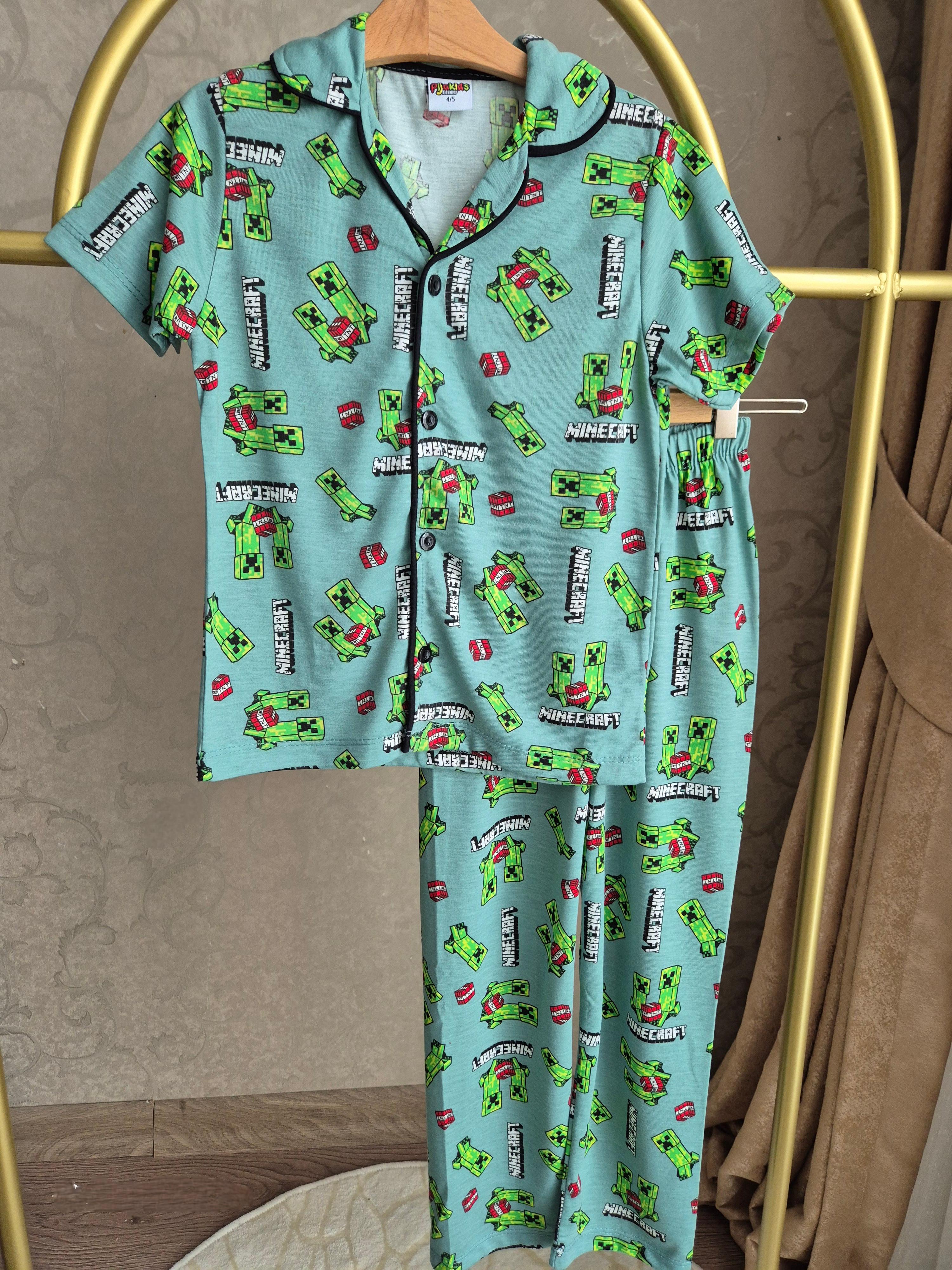 Minecraft Baskılı Önden Düğmeli Erkek Çocuk Pijama Takımı(4-12 Yaş)