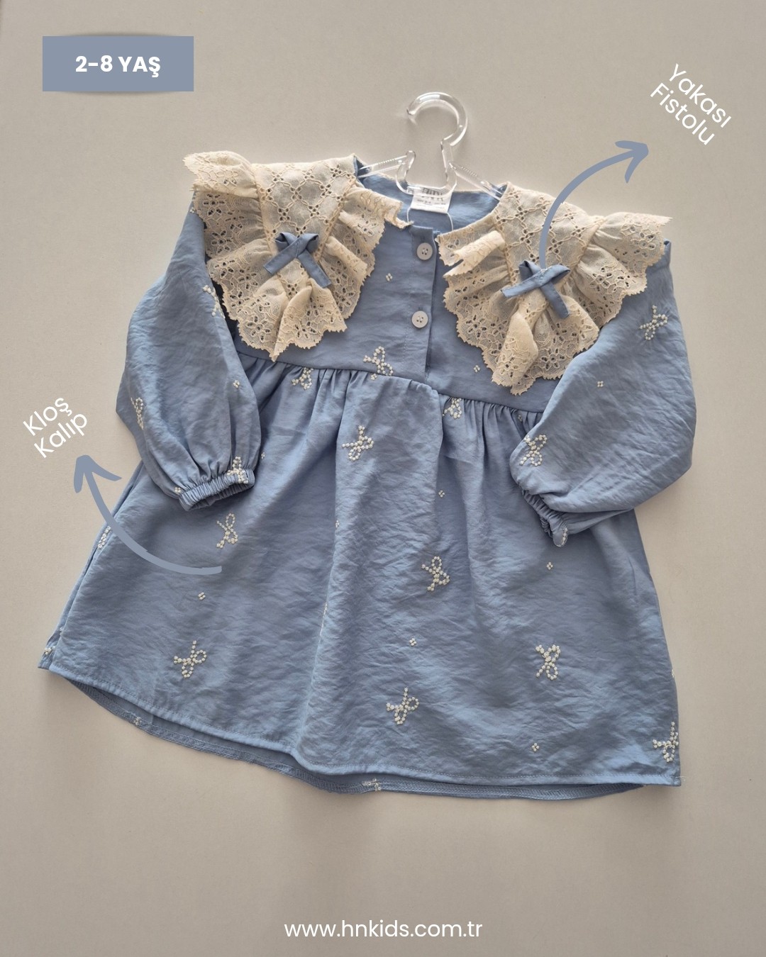 Yakası Fistolu Mini Kurdele Detaylı Kız Çocuk Elbise(2-8 Yaş)