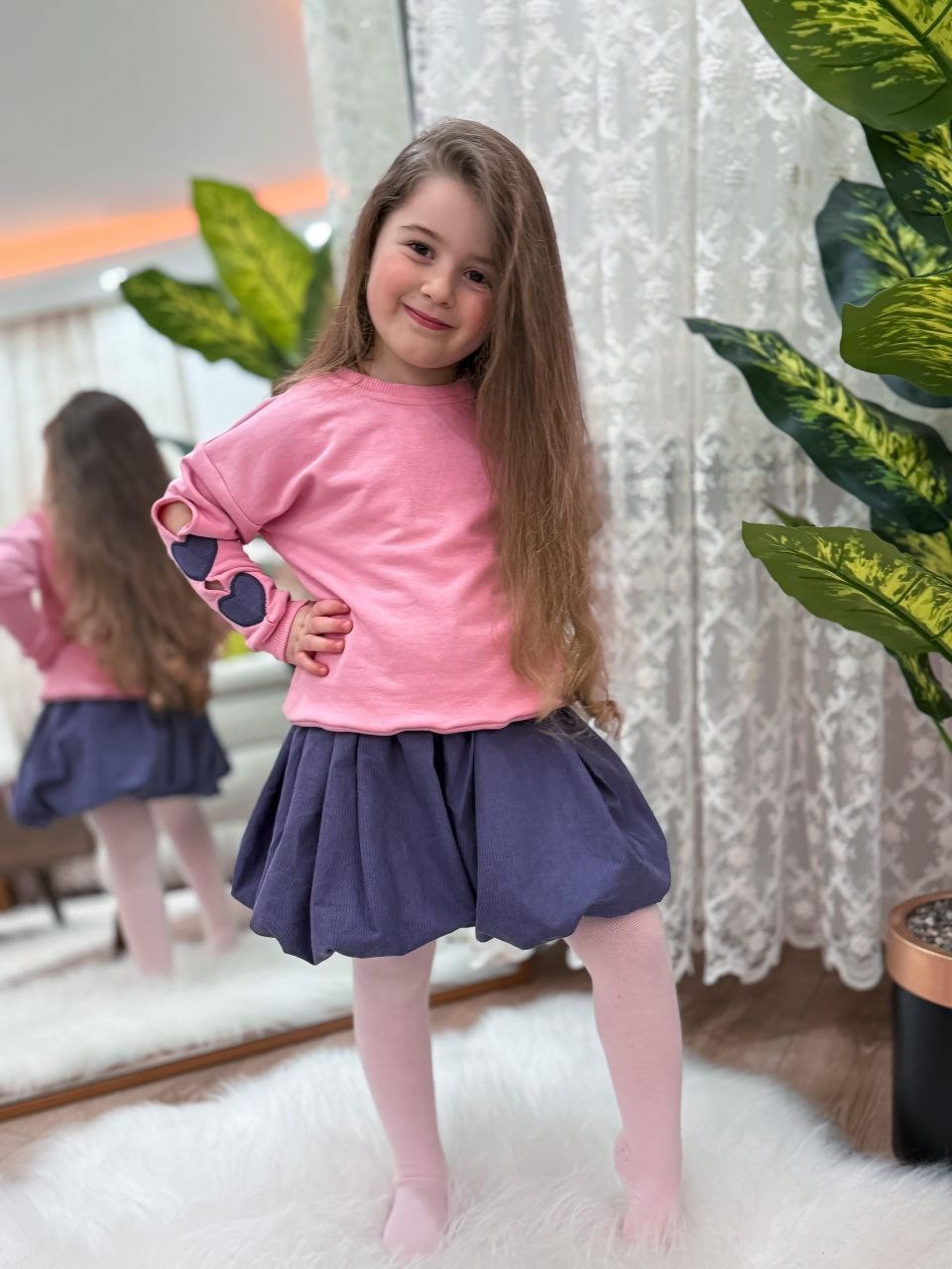 Kolları Kalp Detaylı Balon Etekli Tarz Kız Çocuk Alt Üst 2 Parça Takım