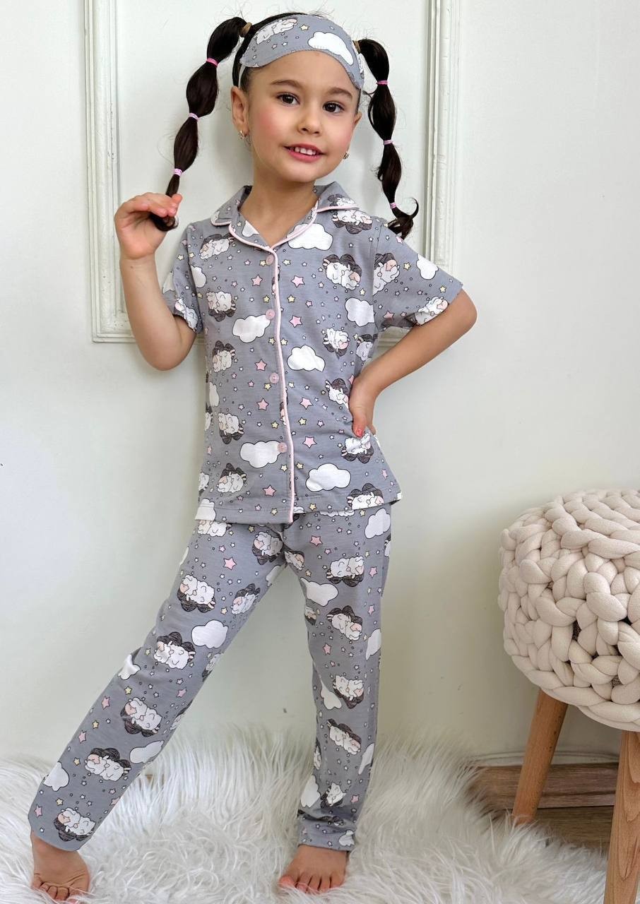 Bulut Temalı Önden Düğmeli Uyku Göz Bandı Hediyeli Kız Çocuk Pijama Takımı (4-12 Yaş)