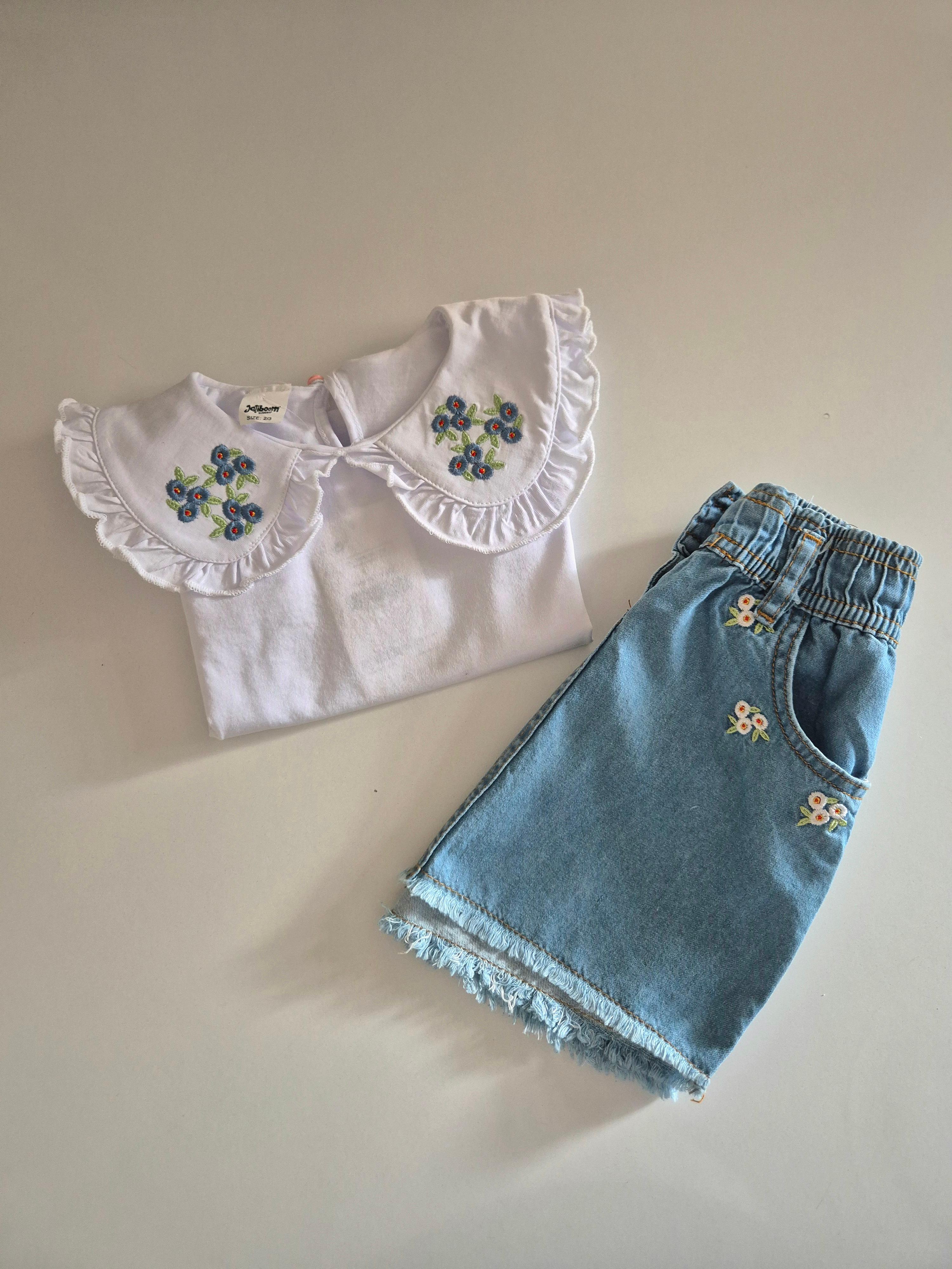 Çiçek Desenli Bebe Yaka Bluz-Etek Kız Çocuk Alt Üst Takım (12 Ay-5 Yaş)-Ela Serisi-