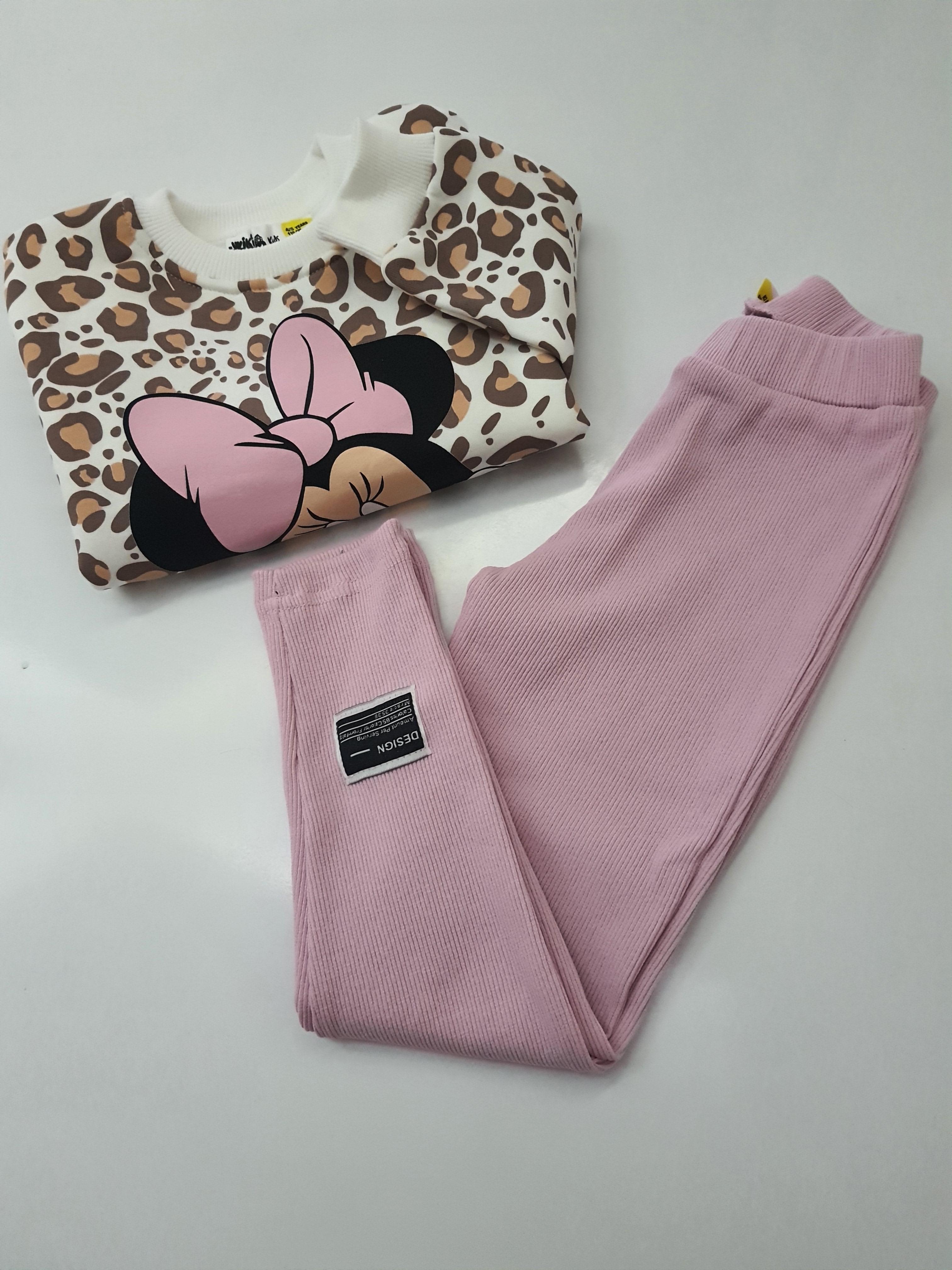 Minnie Mouse Desenli Taytlı Kız Çocuk Alt Üst Takım-Pembe