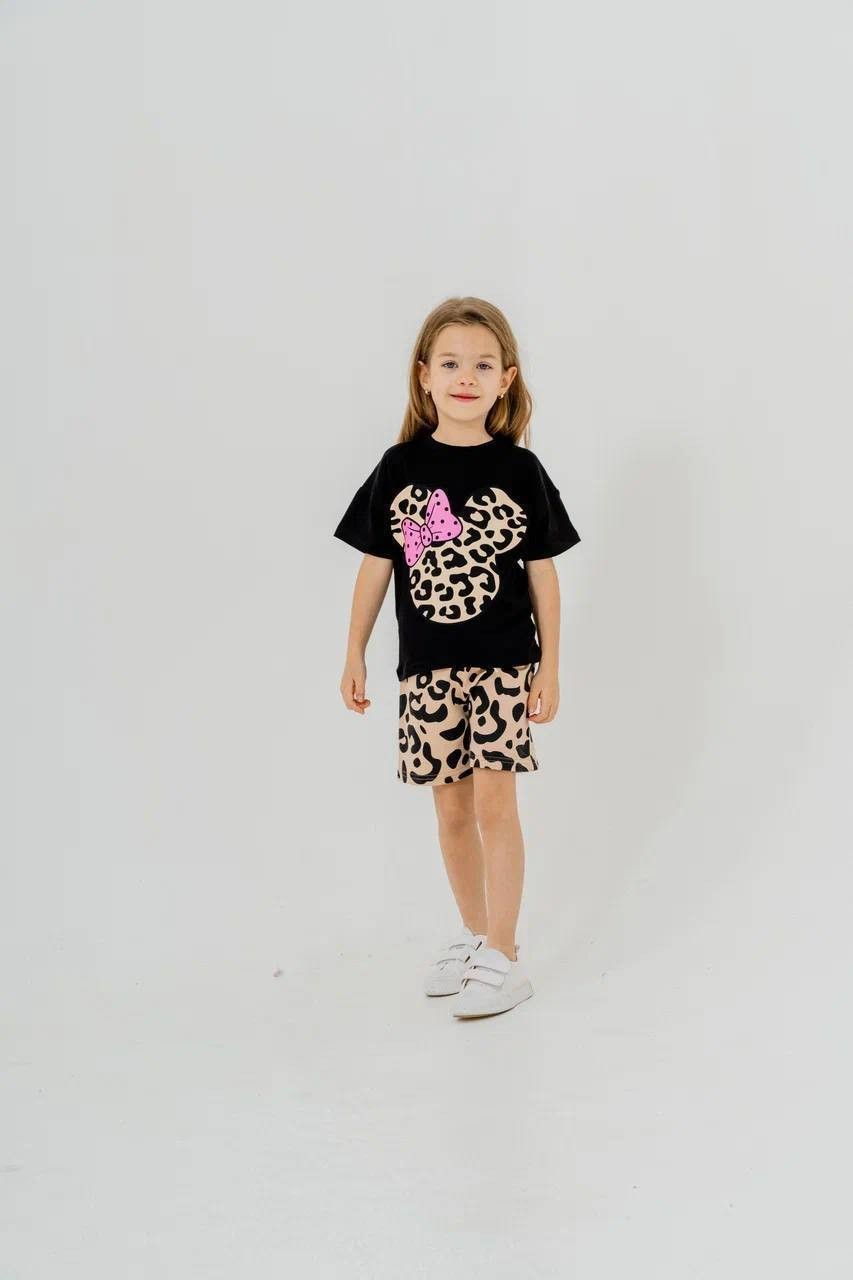 Minnie Mouse Temalı Leopar Baskılı Kız Çocuk Alt Üst Takım(3-10 Yaş)