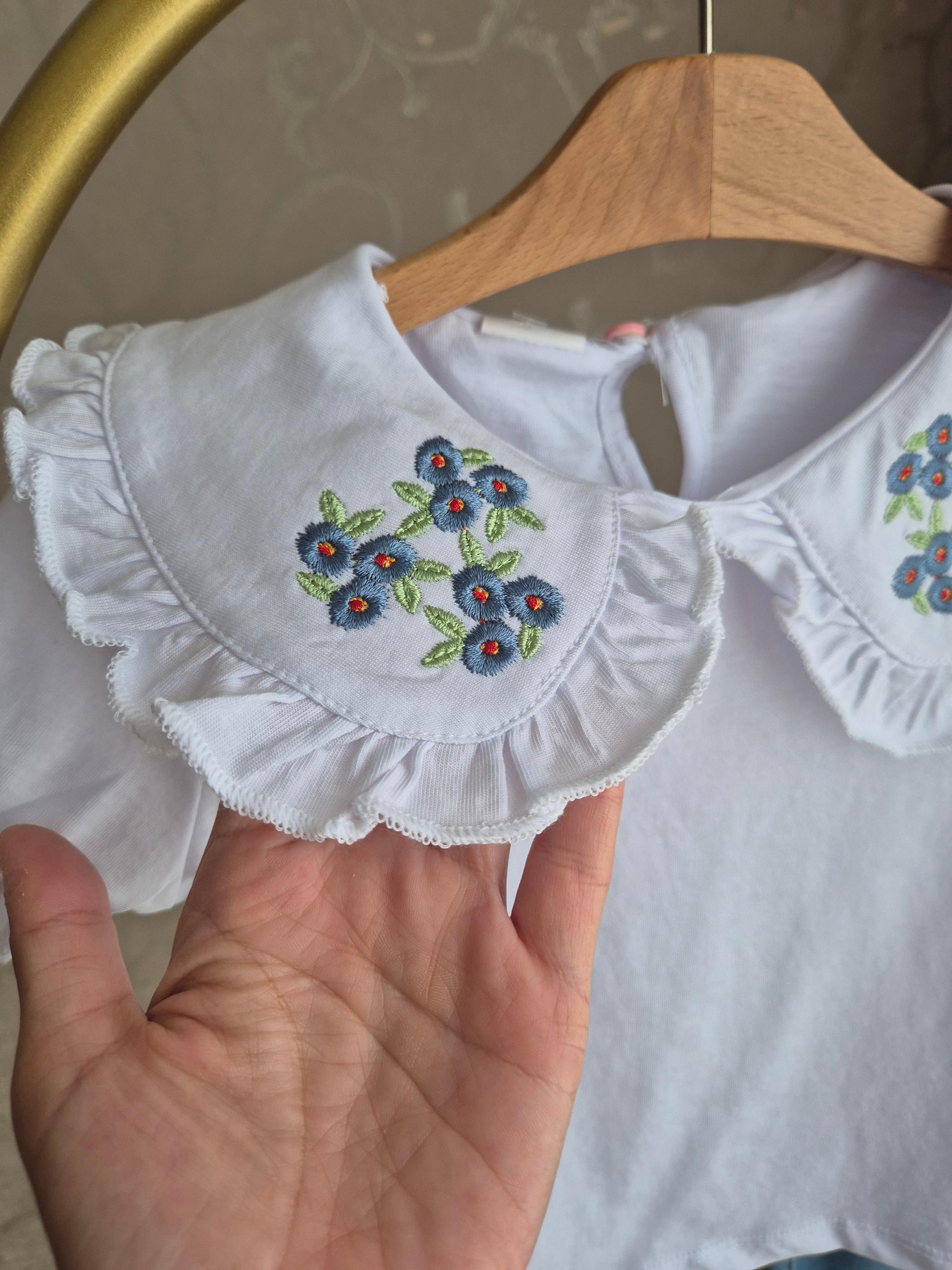 Çiçek Desenli Bebe Yaka Bluz-Etek Kız Çocuk Alt Üst Takım (12 Ay-5 Yaş)-Ela Serisi-